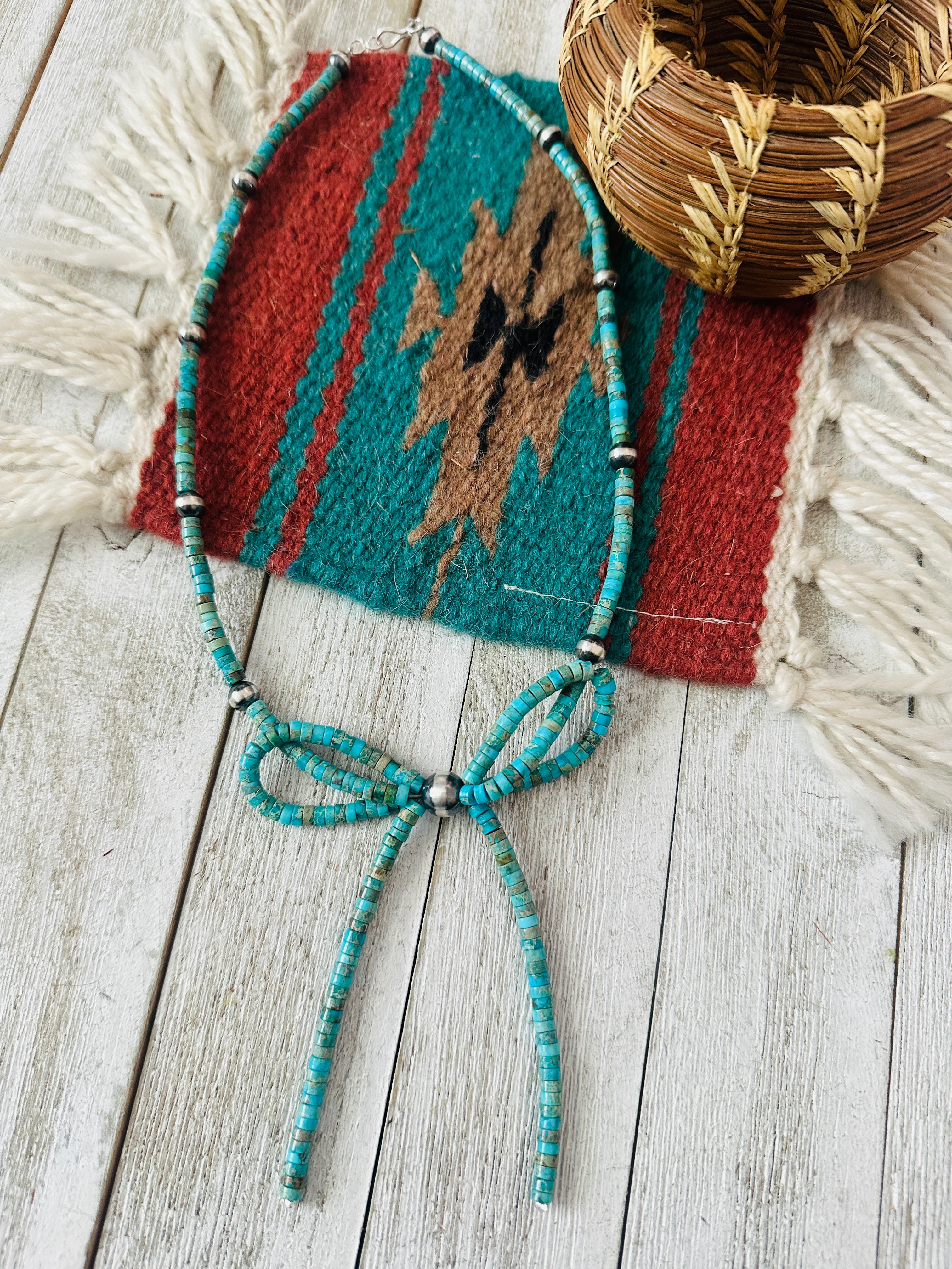 Handcrafted Sterling Silver & Turquoise Pearl Beaded Bow Tie Necklace 20”