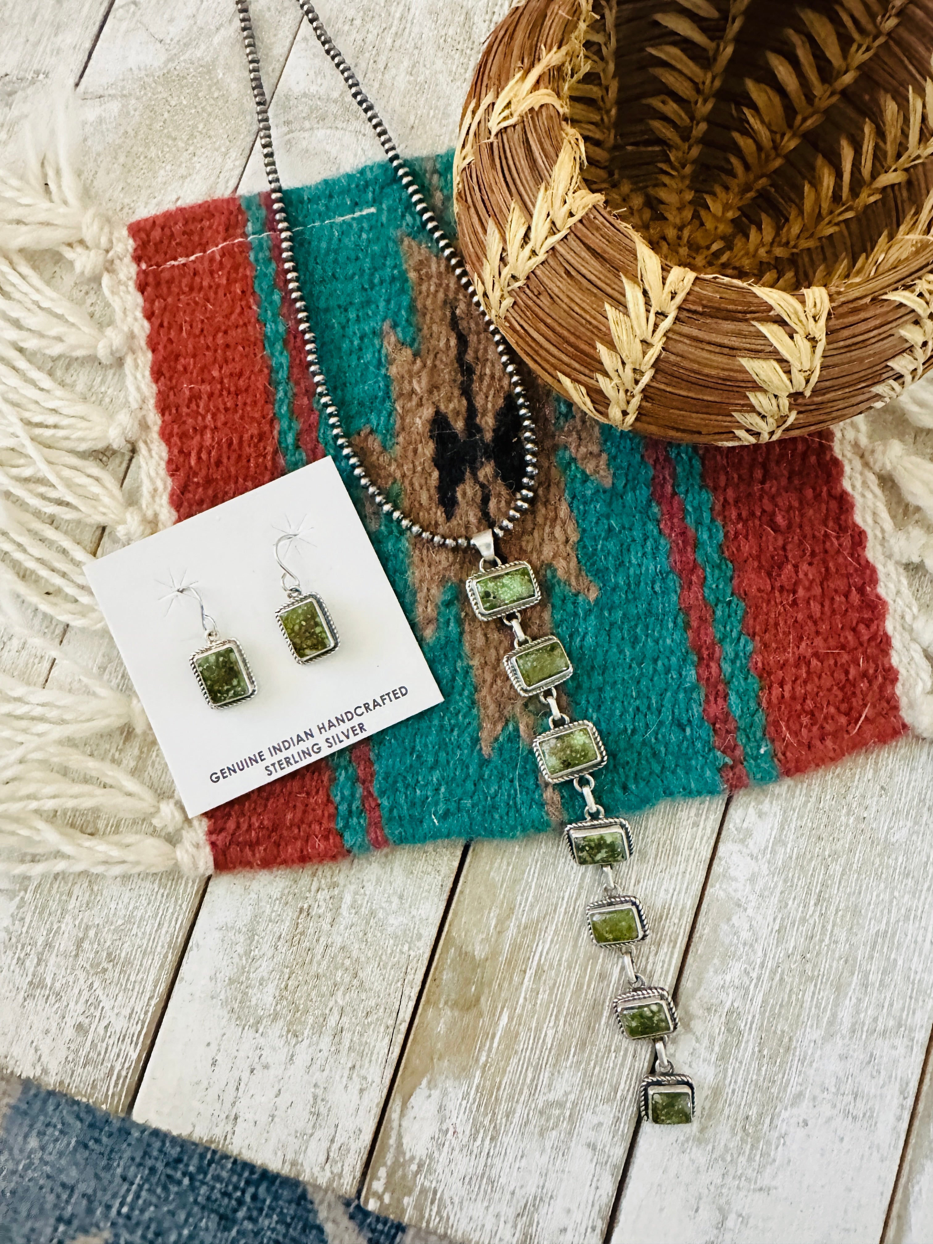 Handcrafted Sonoran Gold Turquoise & Sterling Silver Lariat Necklace Set