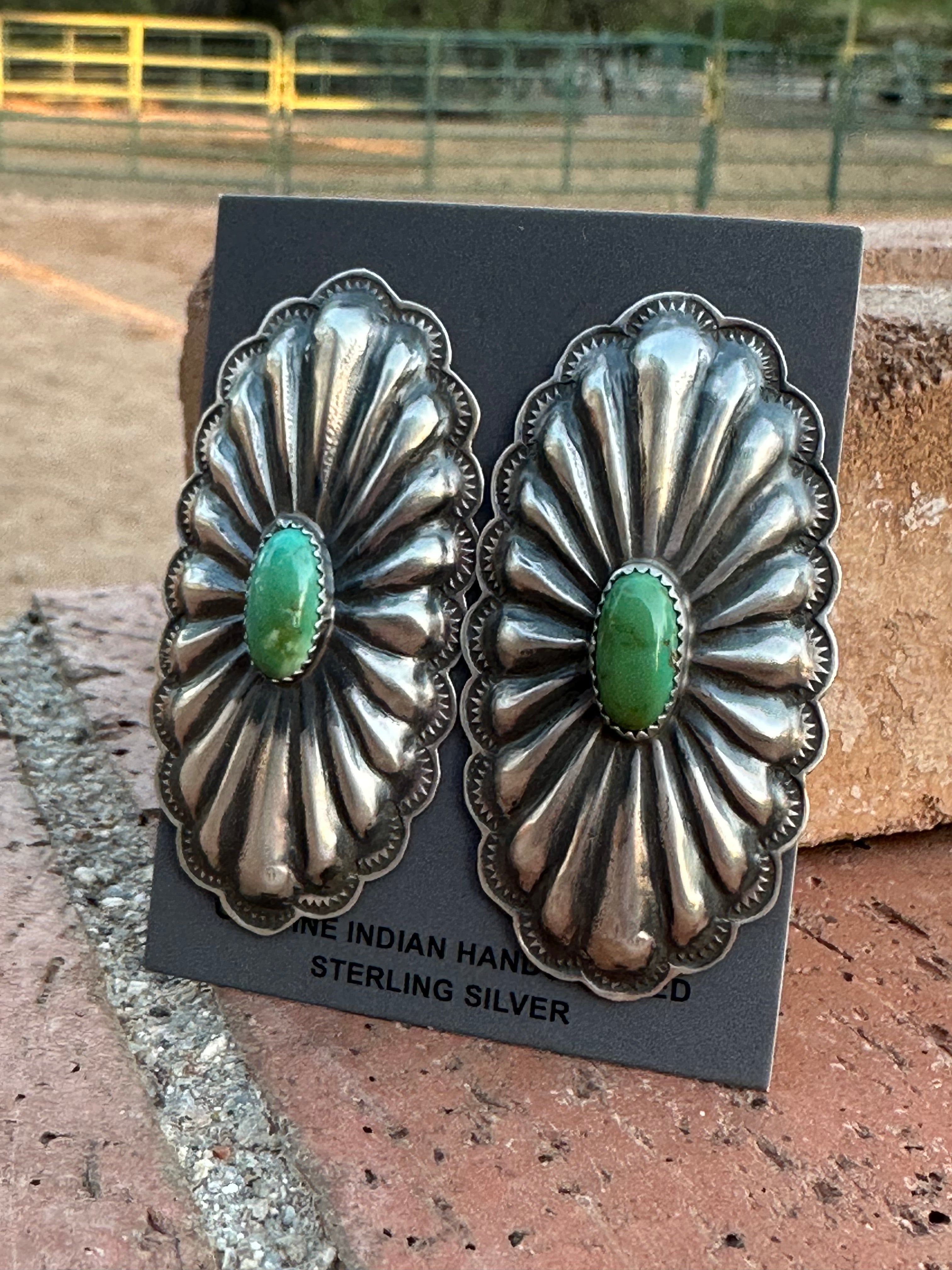 Rita Lee Navajo Hand Stamped Sterling Silver & Turquoise Concho Post Earrings