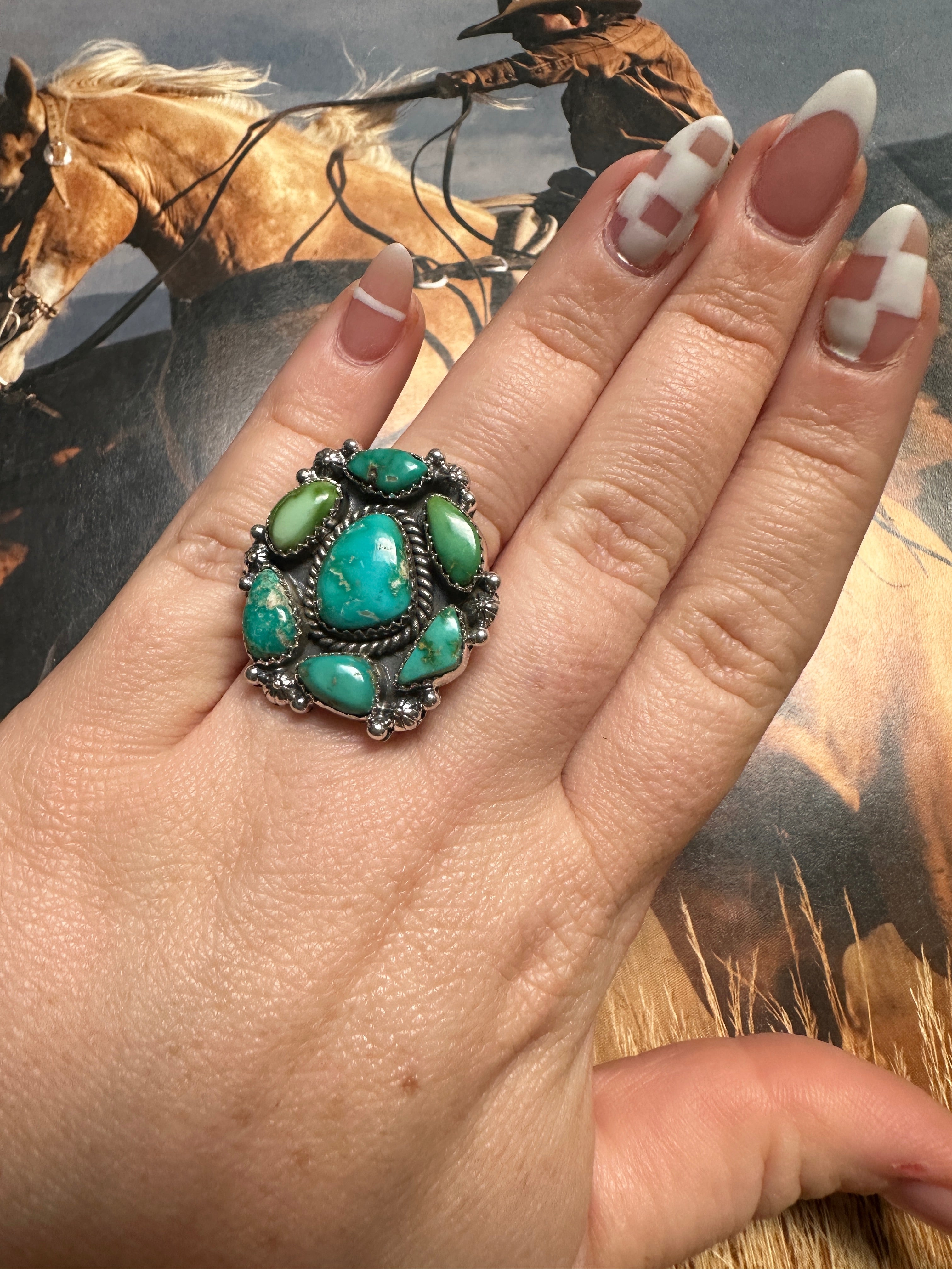 Beautiful Handmade Sonoran Mountain Turquoise And Sterling Silver Adjustable Cluster Ring