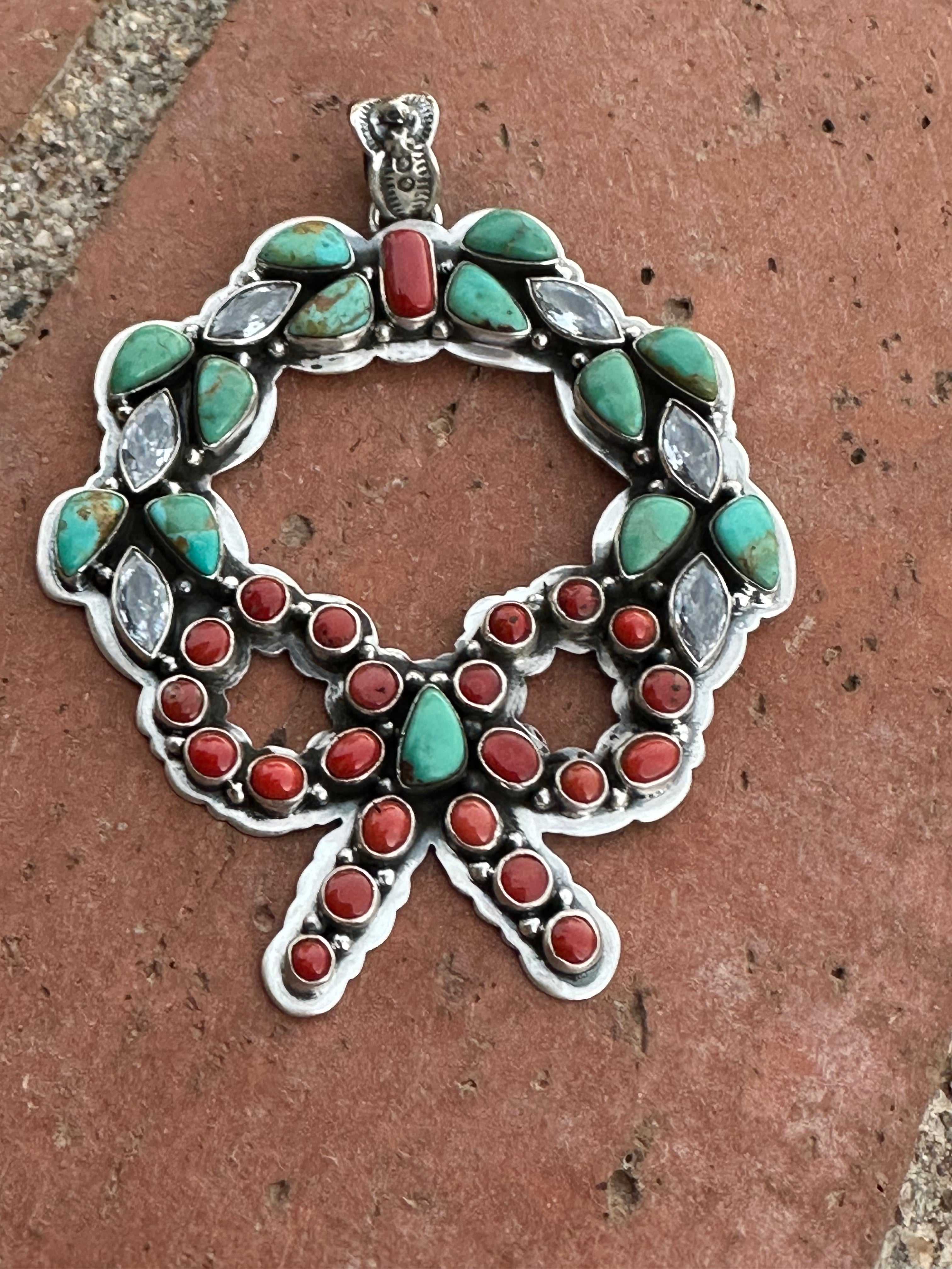 Handmade Sterling Silver, Coral & Kingman Turquoise Christmas Wreath Pendant