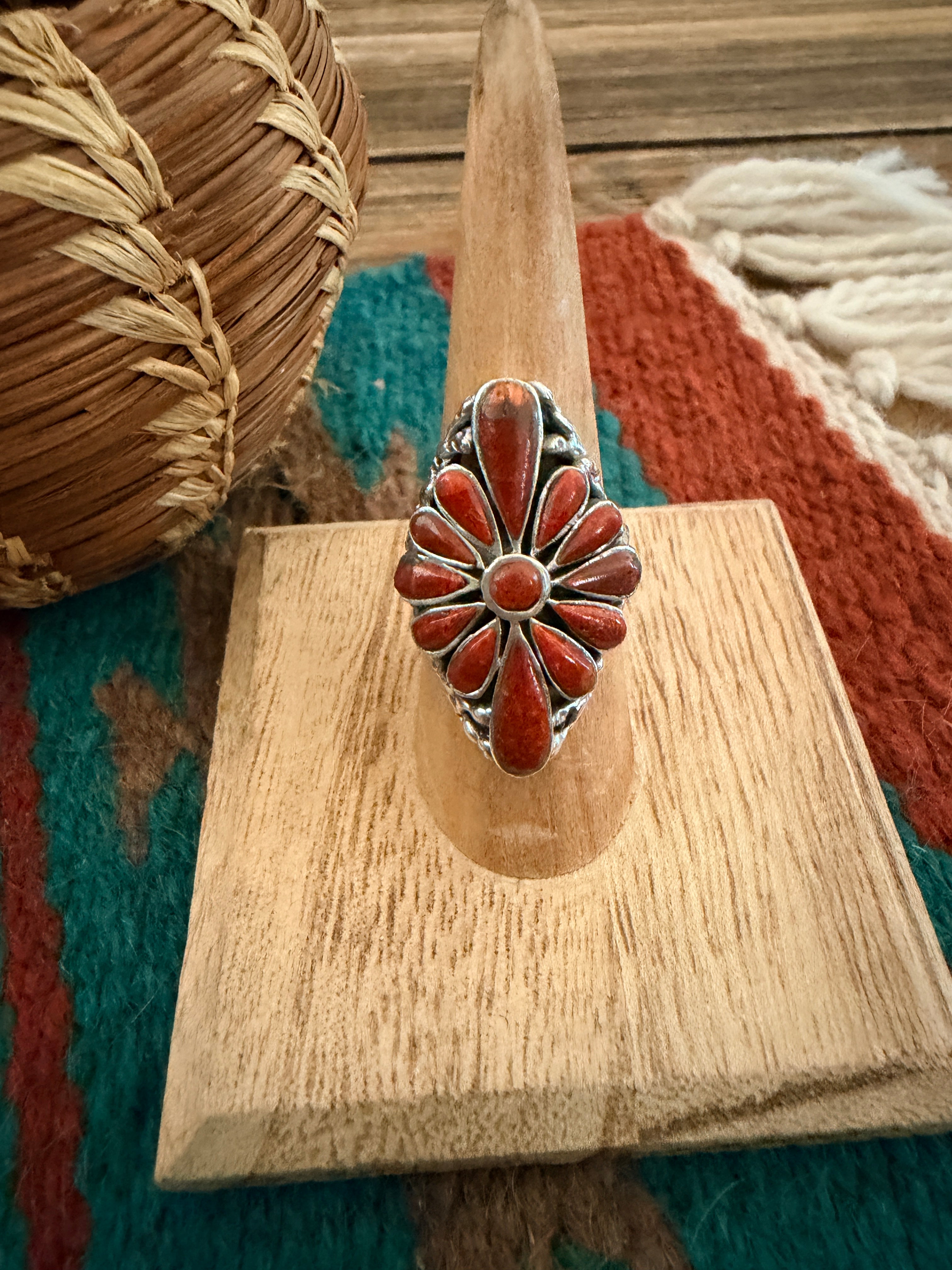 Handmade Sterling Silver and Coral Adjustable Ring