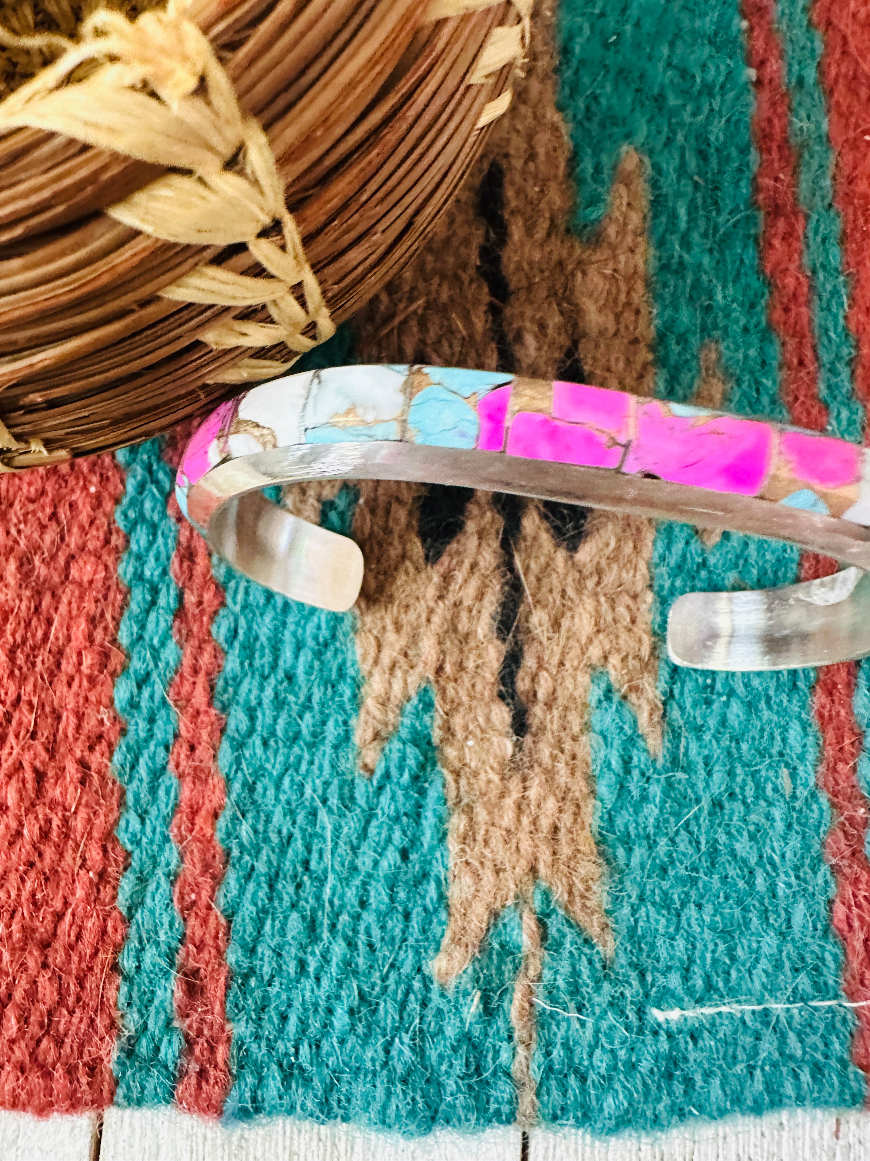 Handcrafted Cotton Candy & Sterling Silver Inlay Cuff Bracelet