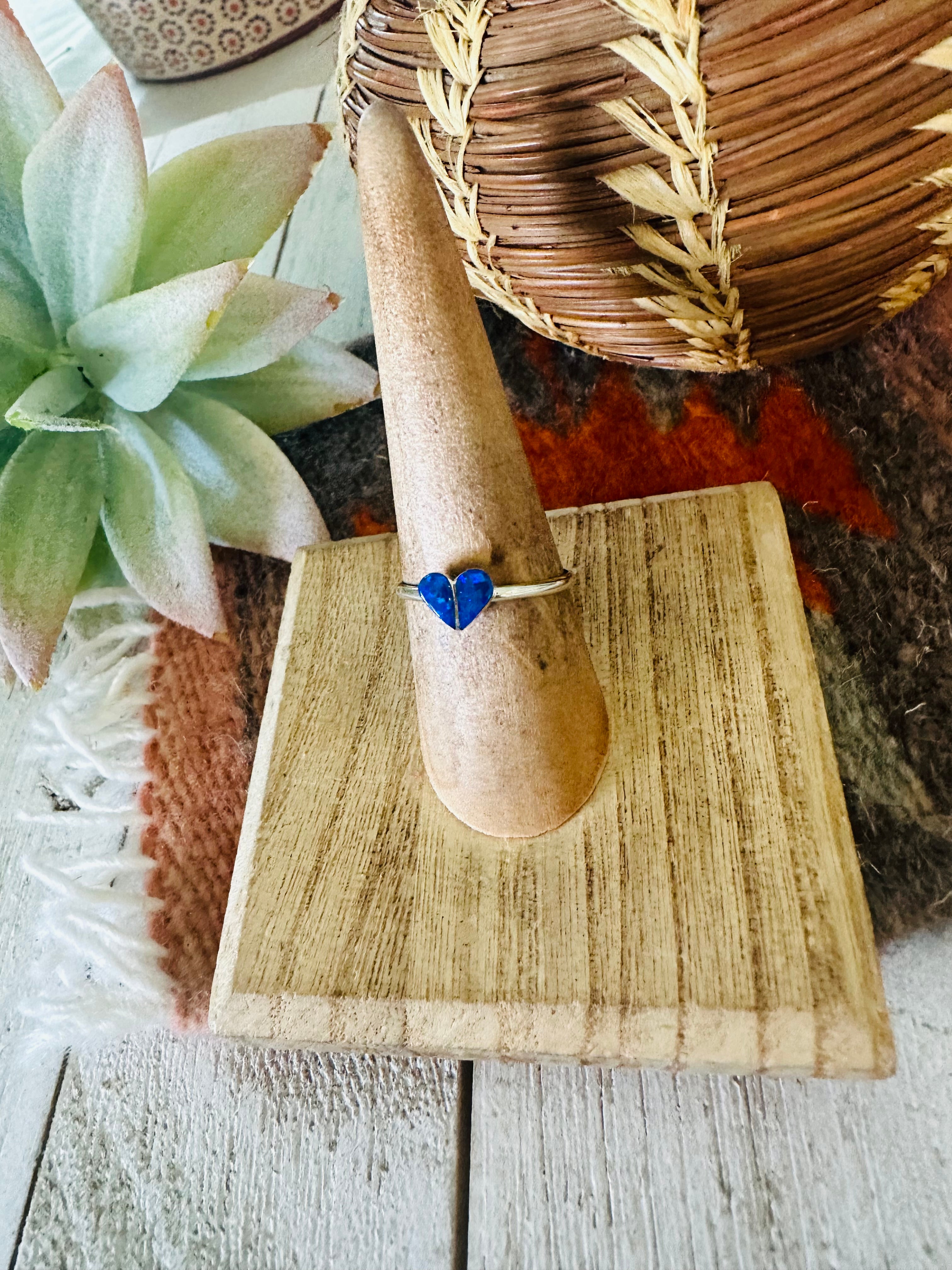 Zuni Sterling Silver & Blue Opal Inlay Heart Ring