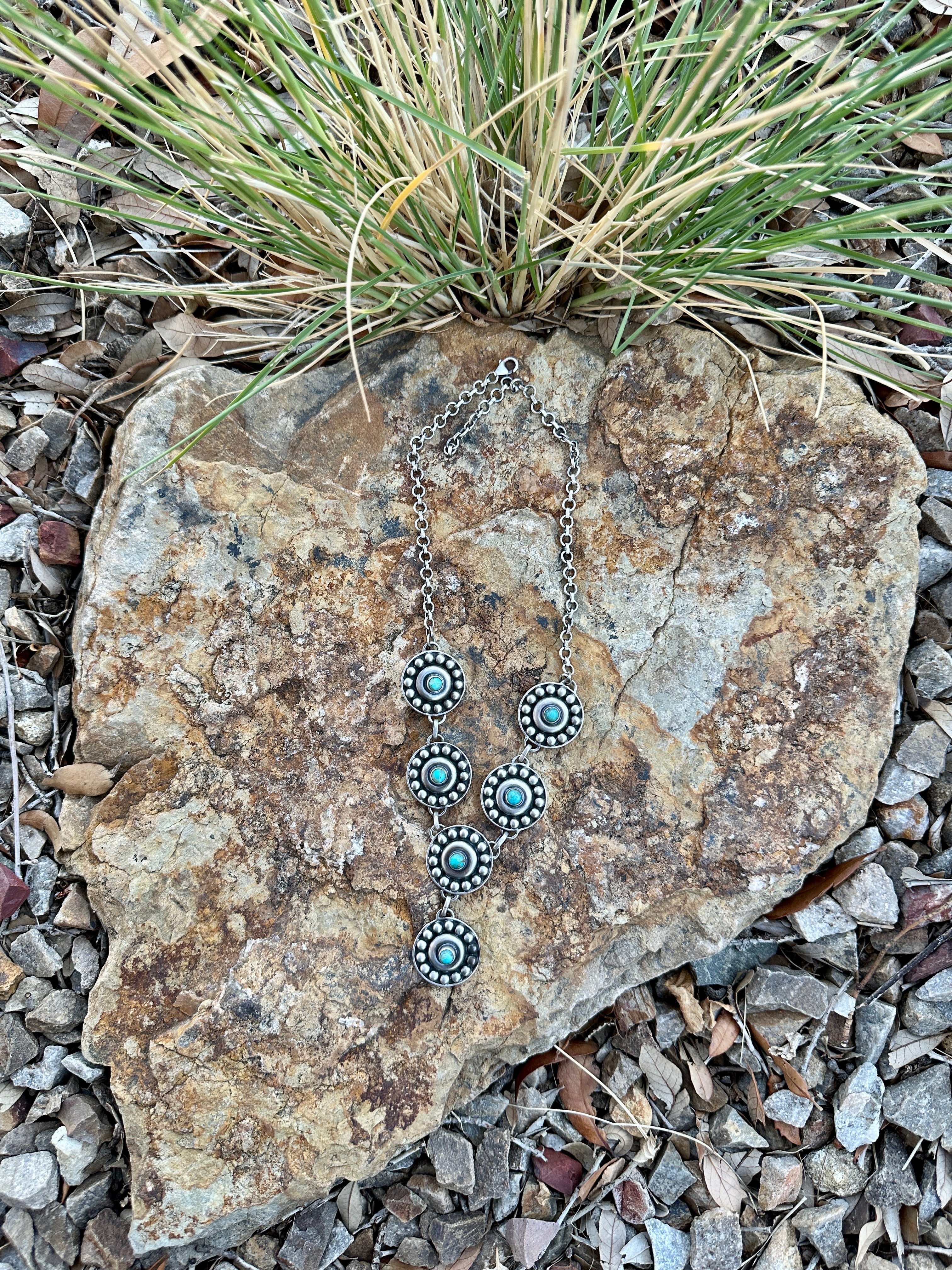 Handmade Turquoise & Sterling Silver Concho Lariat Necklace