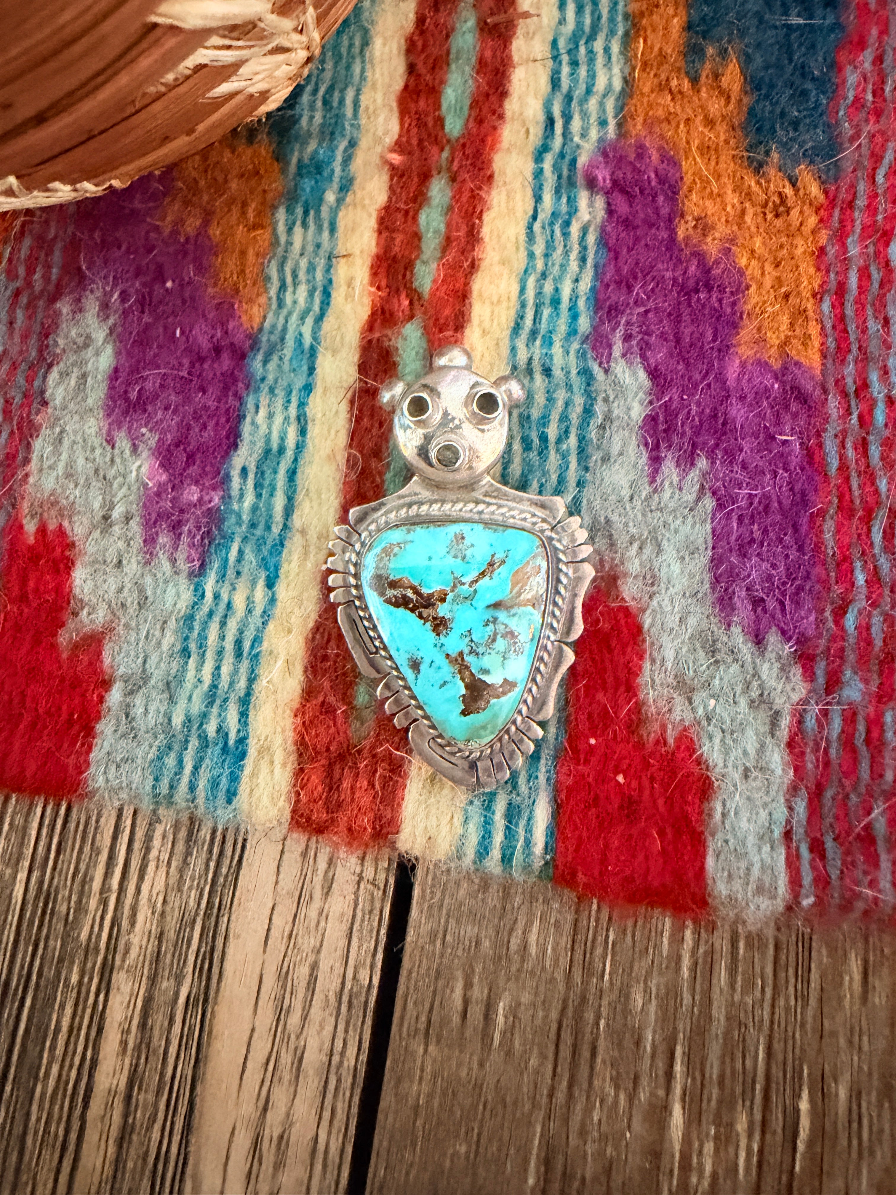 Old Pawn Handcrafted Turquoise and Sterling Silver Yei Symbol Brooch/ Pendant by Bennie Ration