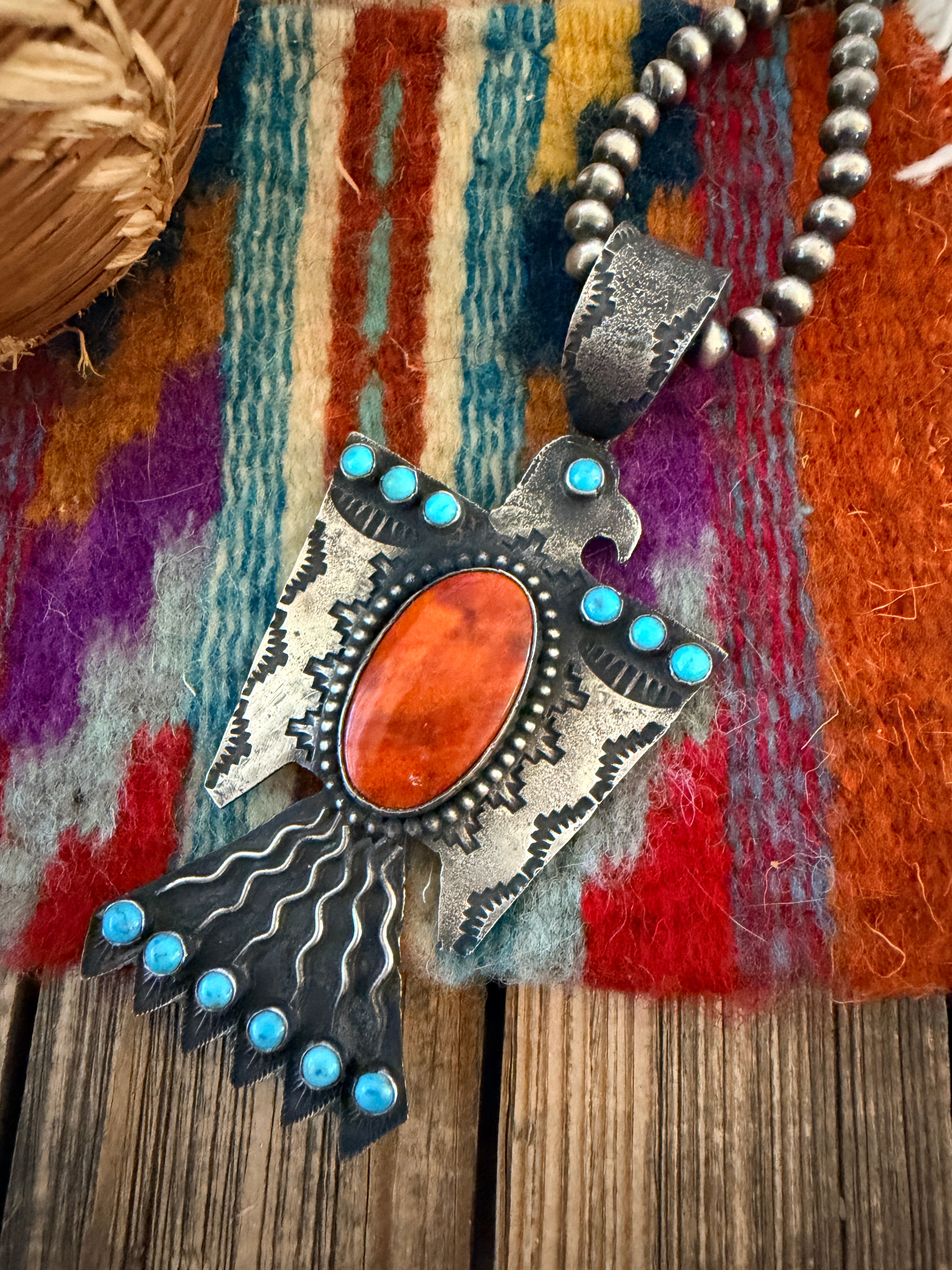Handcrafted Sterling Silver, Turquoise & Spiny Oyster Thunderbird Pendant by Shawn Cayatineto