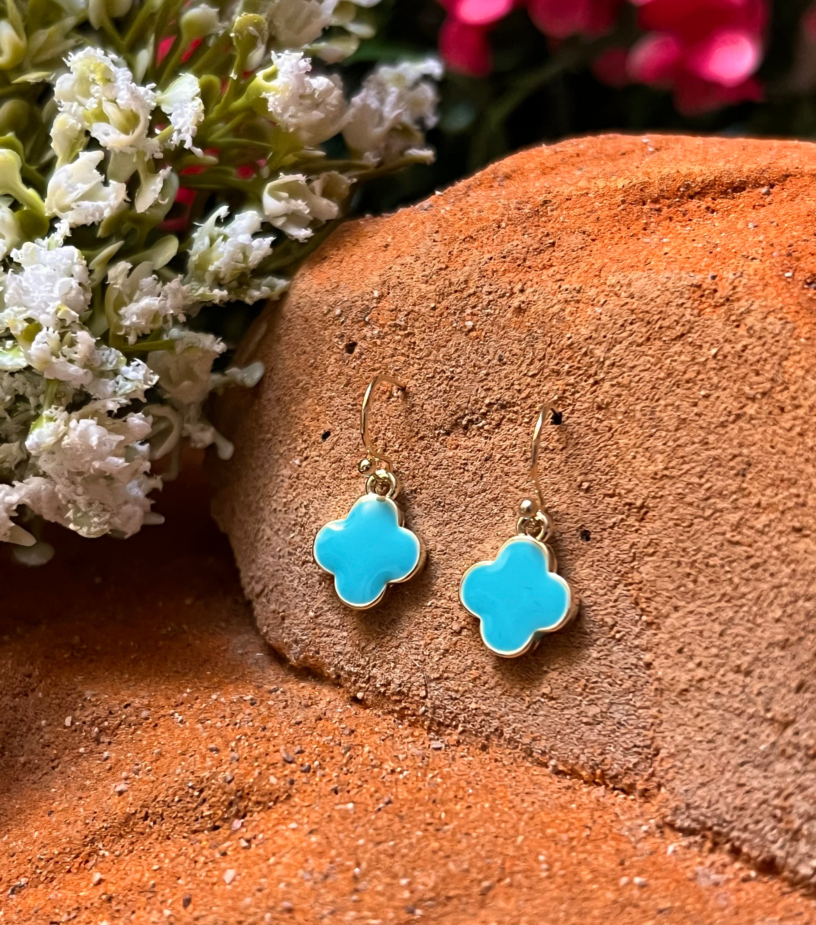 14k Gold Plated Small Turquoise Colored Clover Wire Earrings