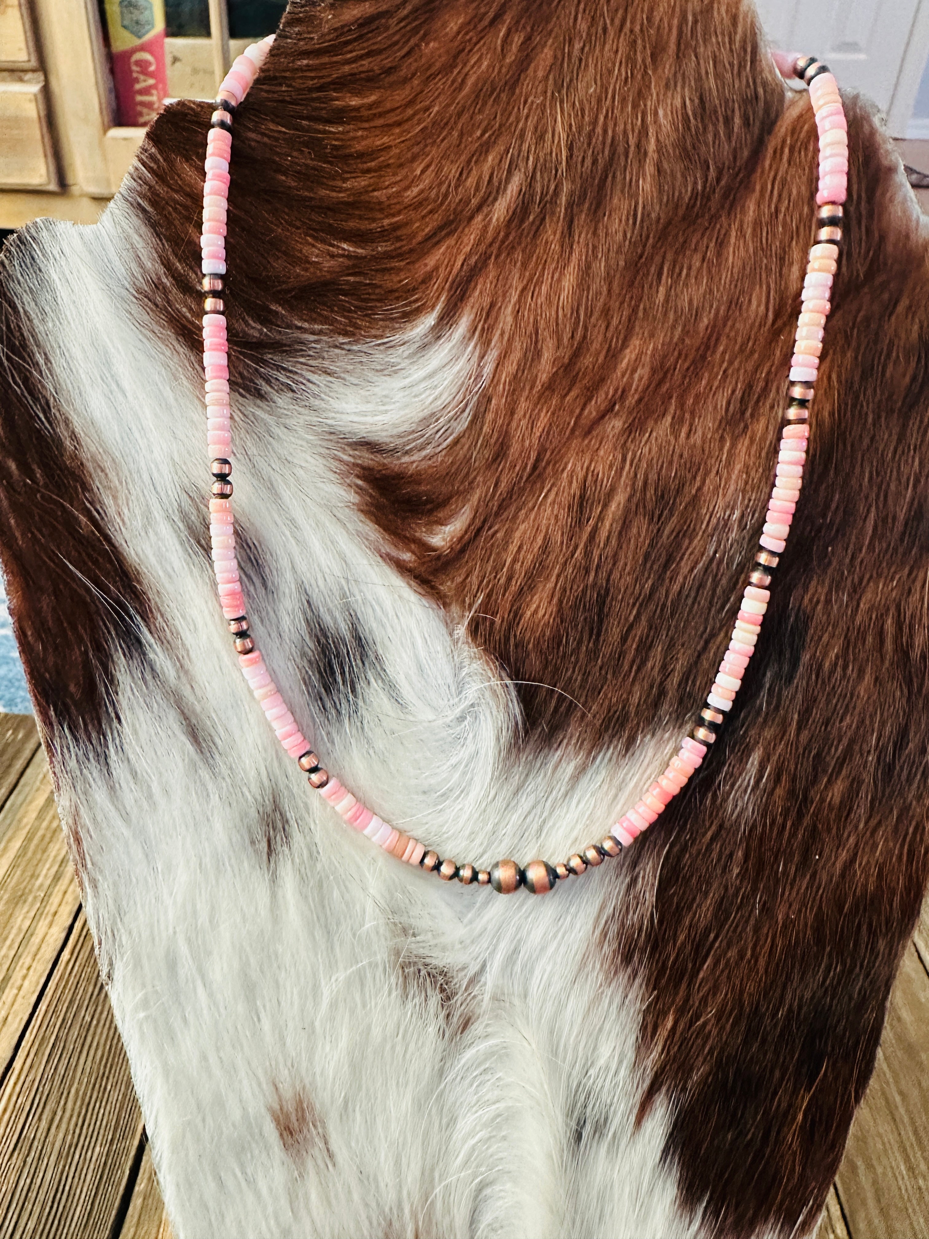 Handcrafted Queen Pink Conch & Copper 16” Beaded Necklace