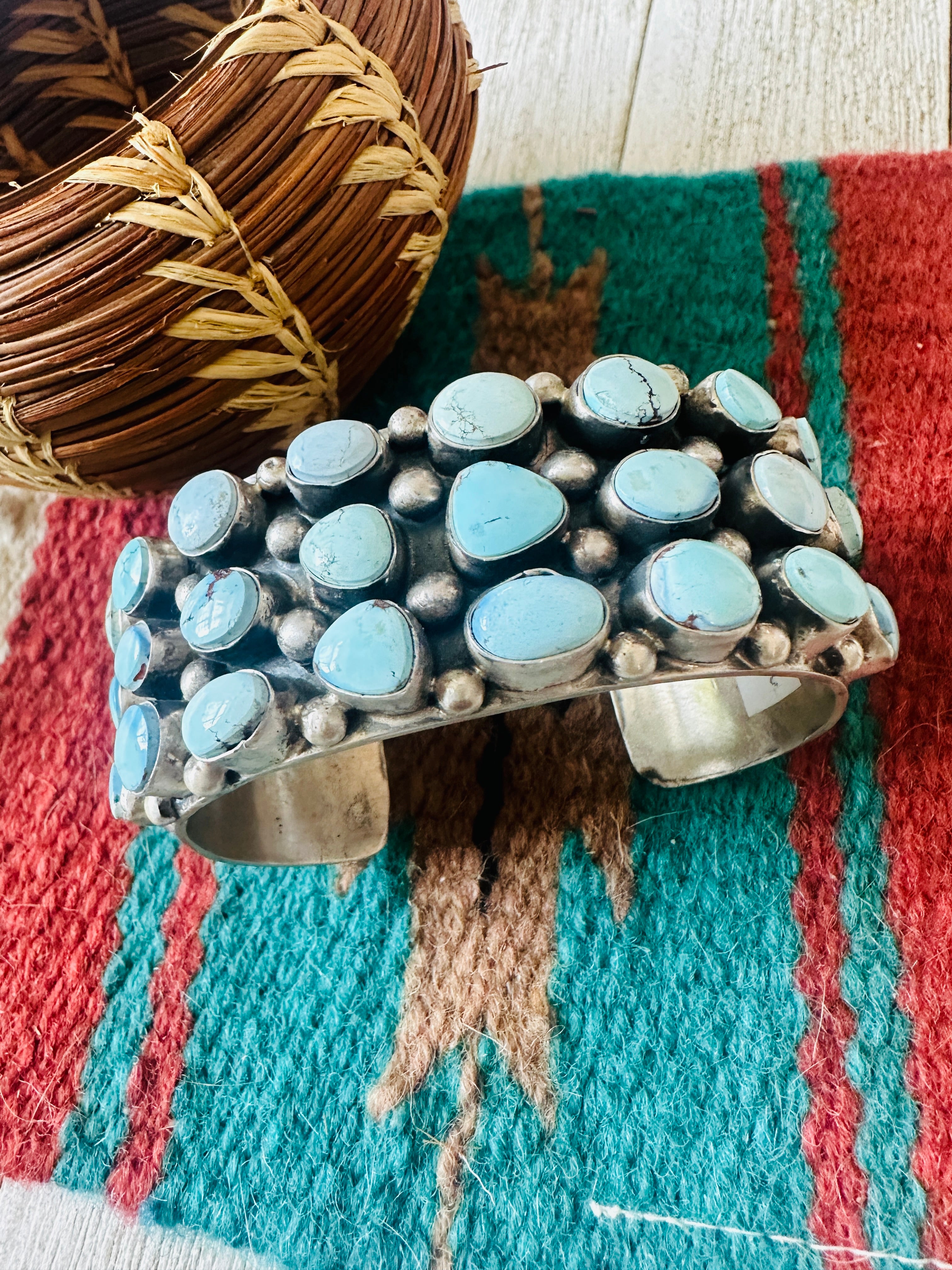 Navajo Sterling Silver & Golden Hills Turquoise Cluster Cuff Bracelet