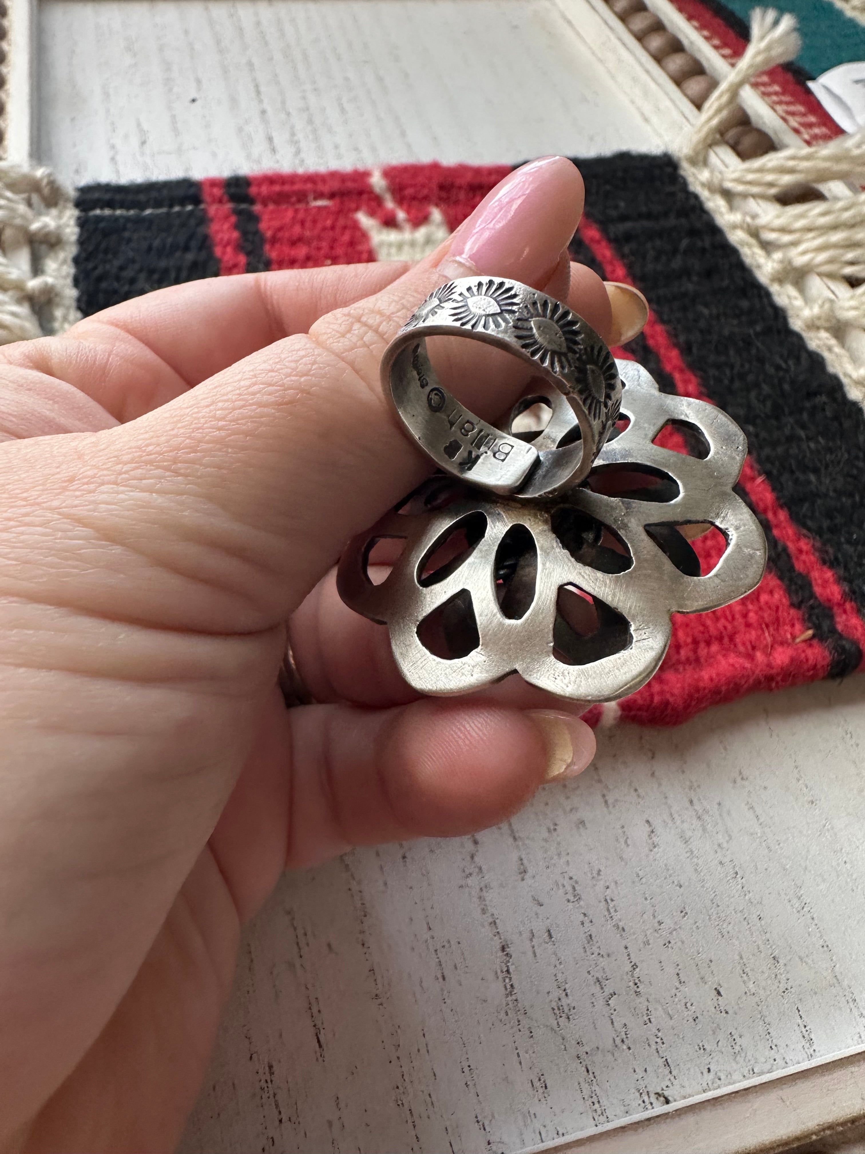 Gorgeous Navajo Turquoise And Sterling Silver Adjustable Flower Ring Signed K Billah