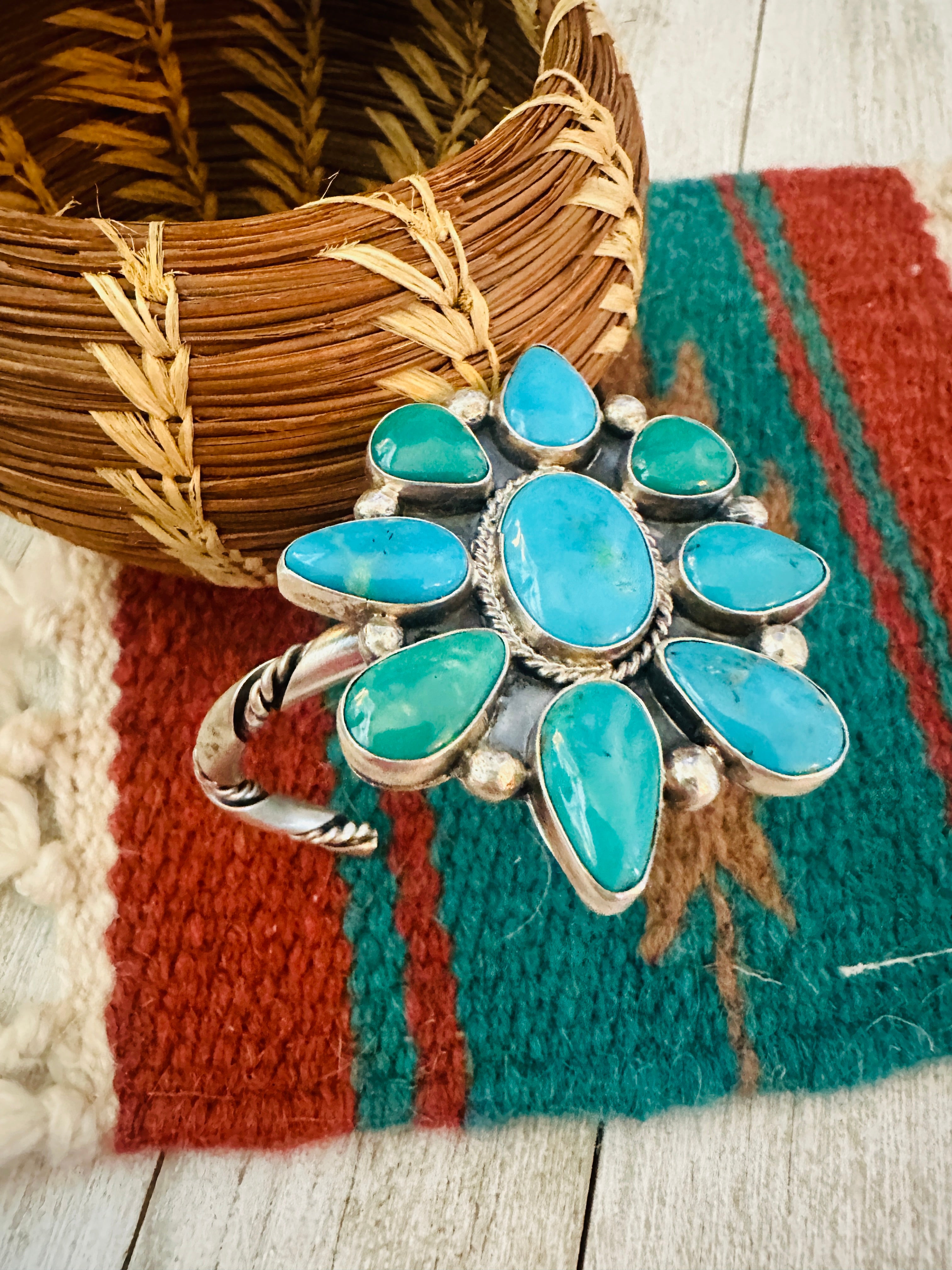 Navajo Turquoise & Sterling Silver Cluster Cuff Bracelet