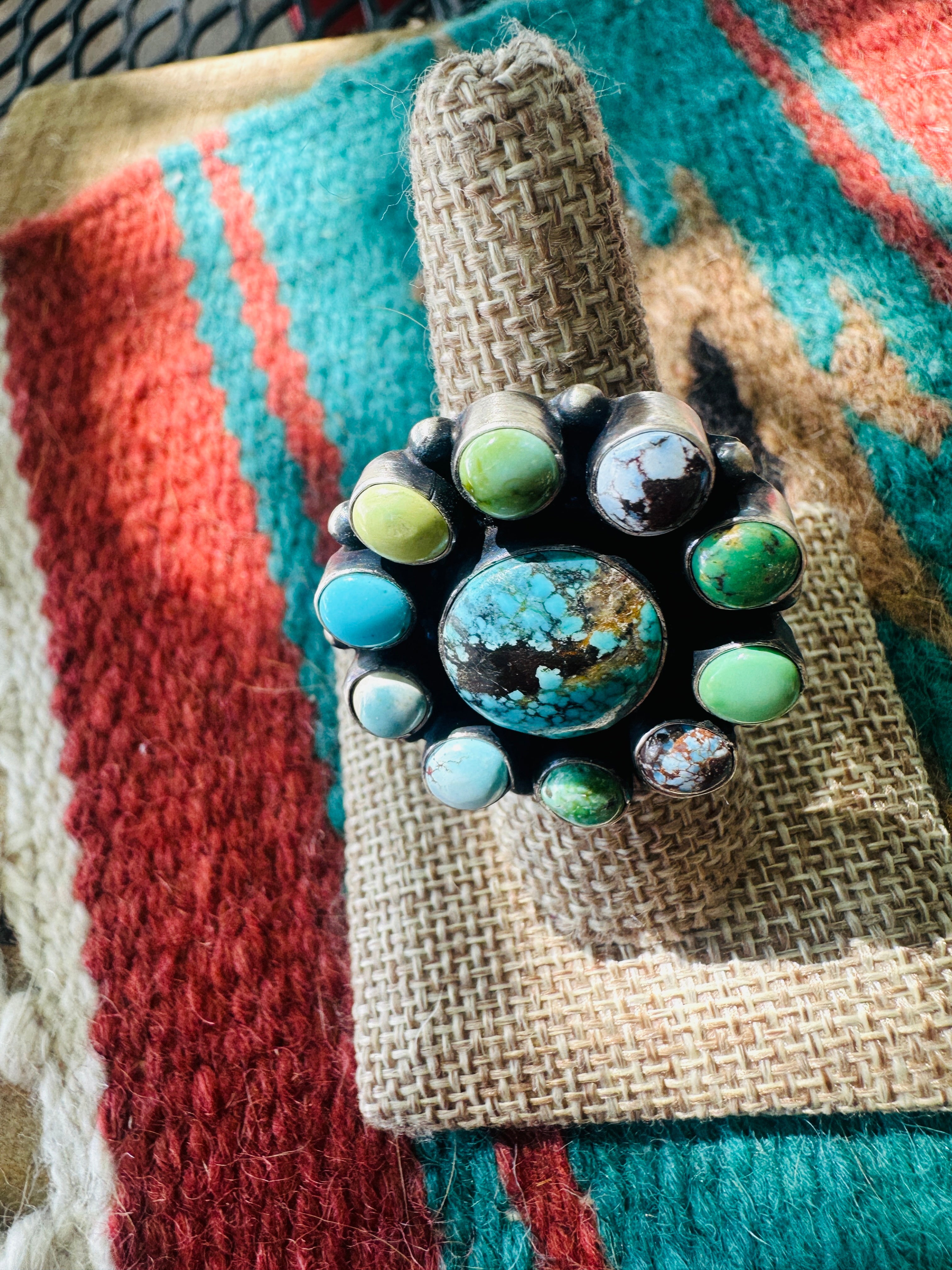 Handcrafted Sterling Silver & Turquoise Cluster Adjustable Ring