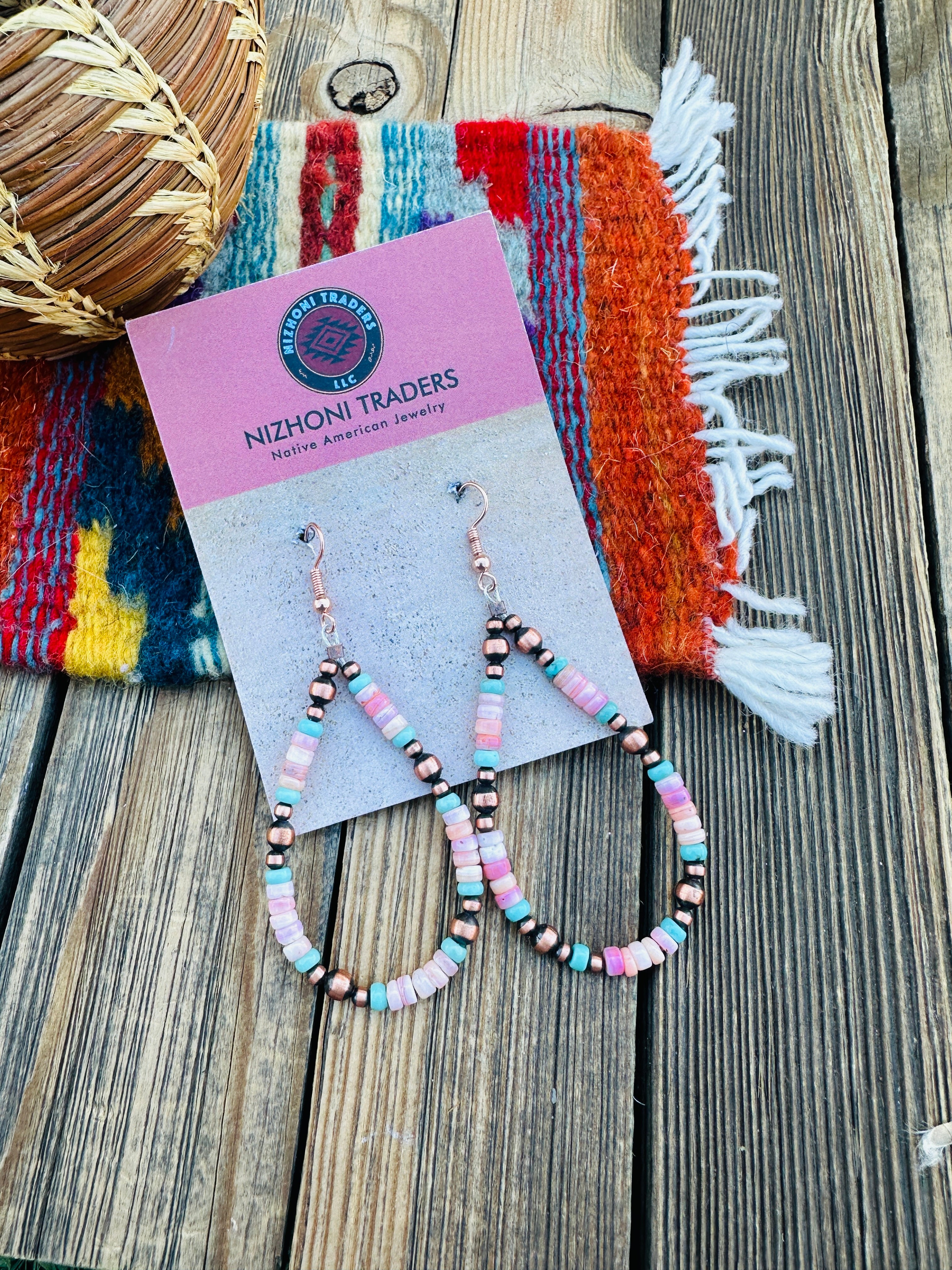Handcrafted Queen Pink Conch, Turquoise & Copper Beaded Dangle Hoop Earrings