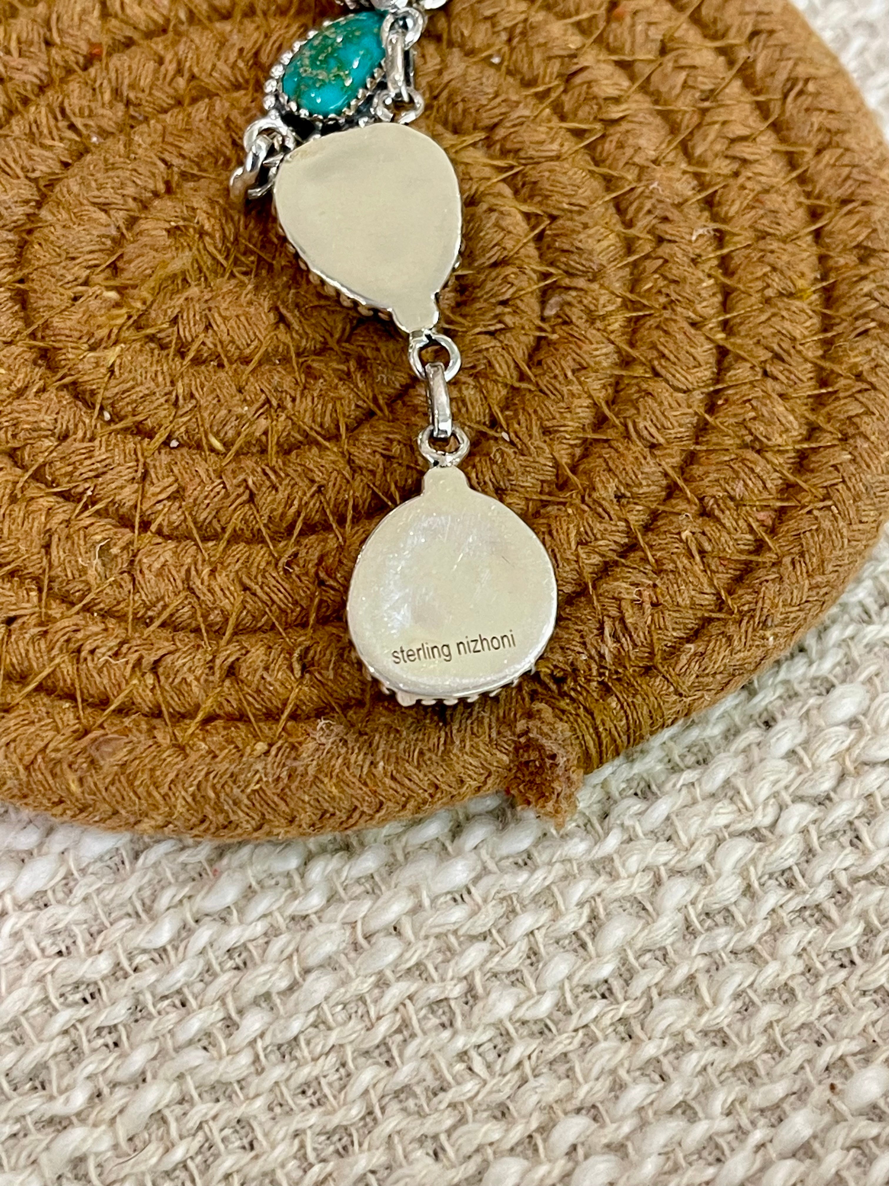 Handmade Sterling Silver Sonoran Mountain Turquoise Necklace with Signed Nizhoni