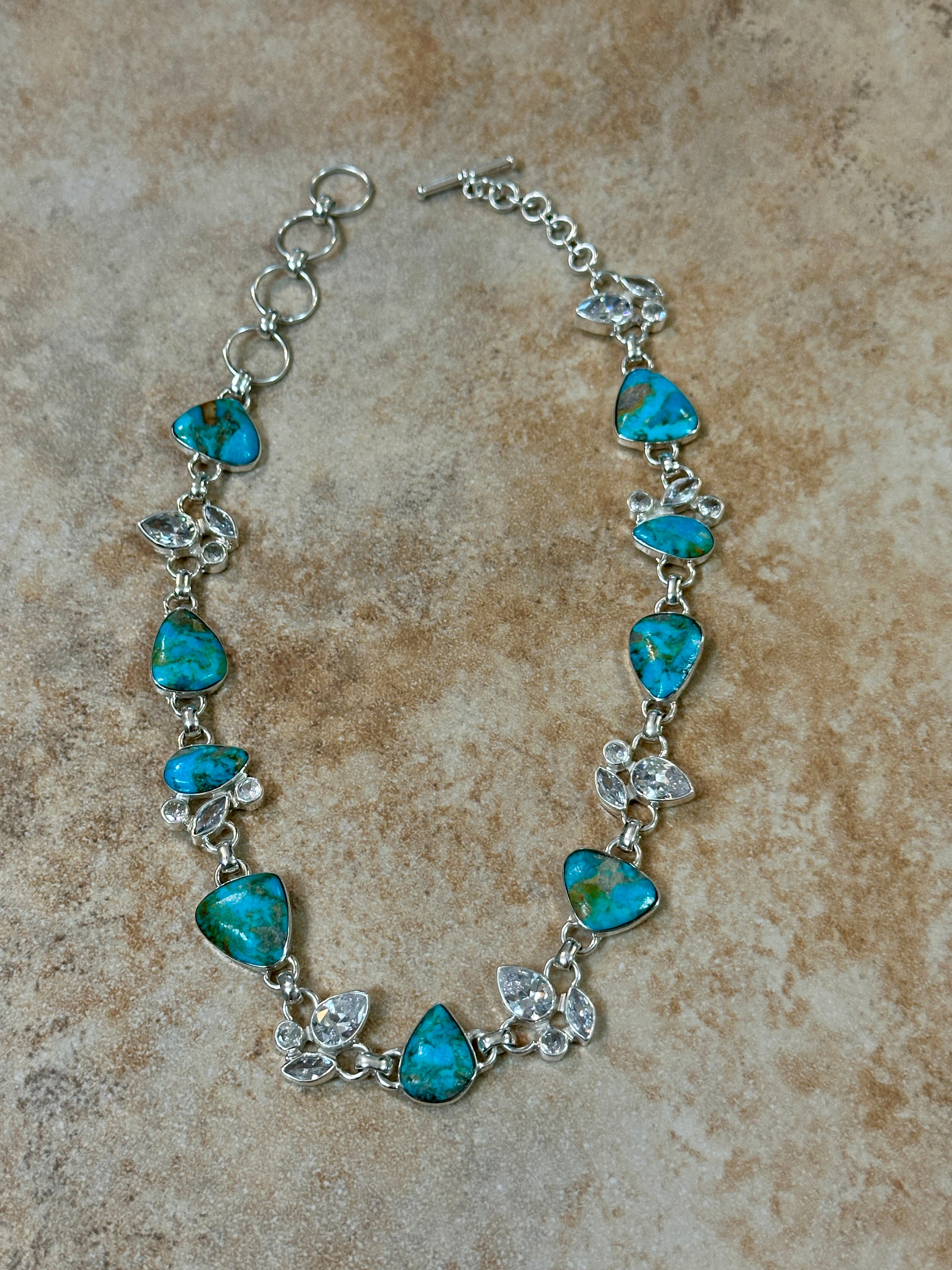 Turquoise 9 Stone & CZ Sterling Silver Necklace