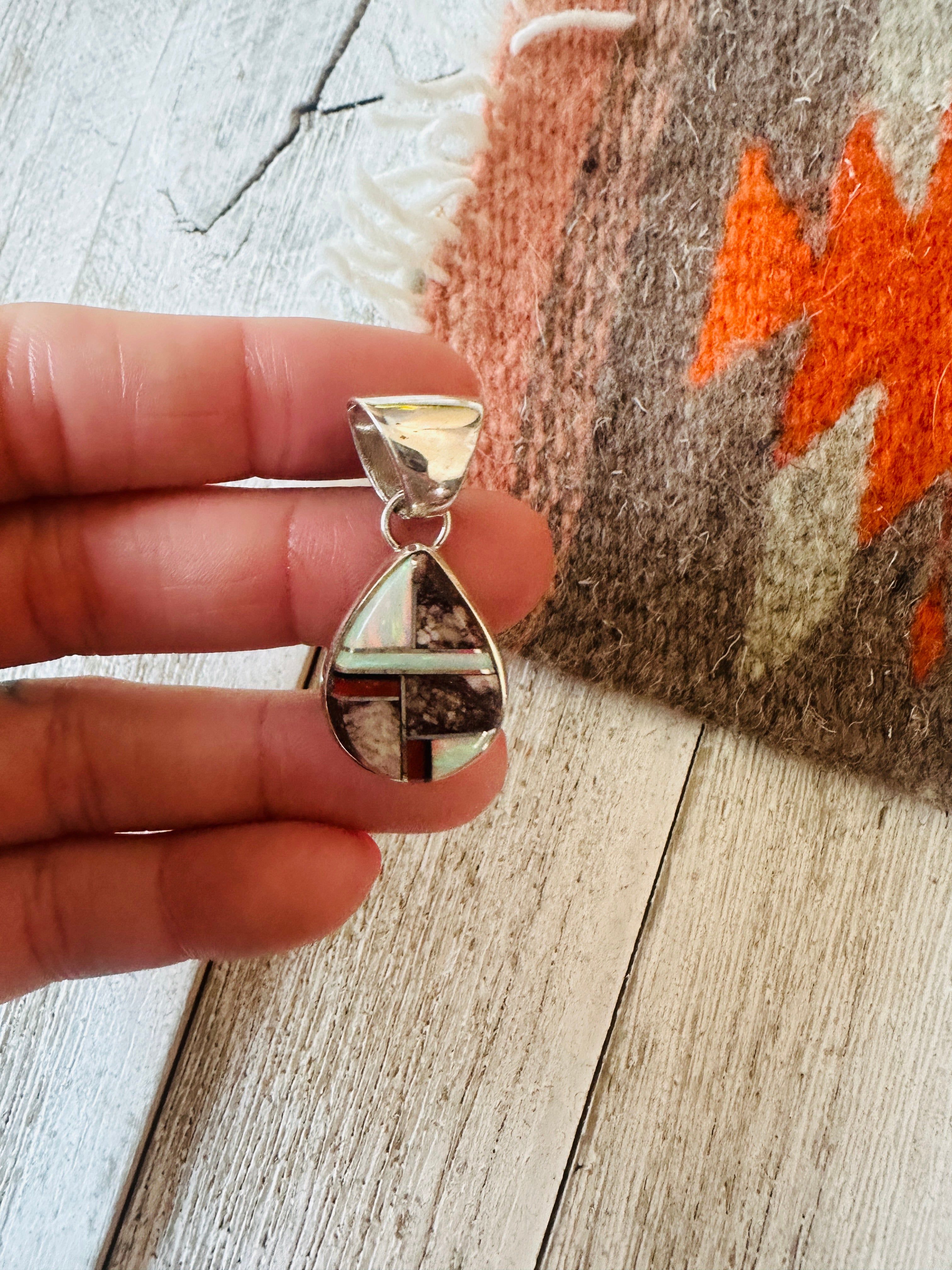 Navajo Multi Stone & Sterling Silver Inlay Teardrop Pendant