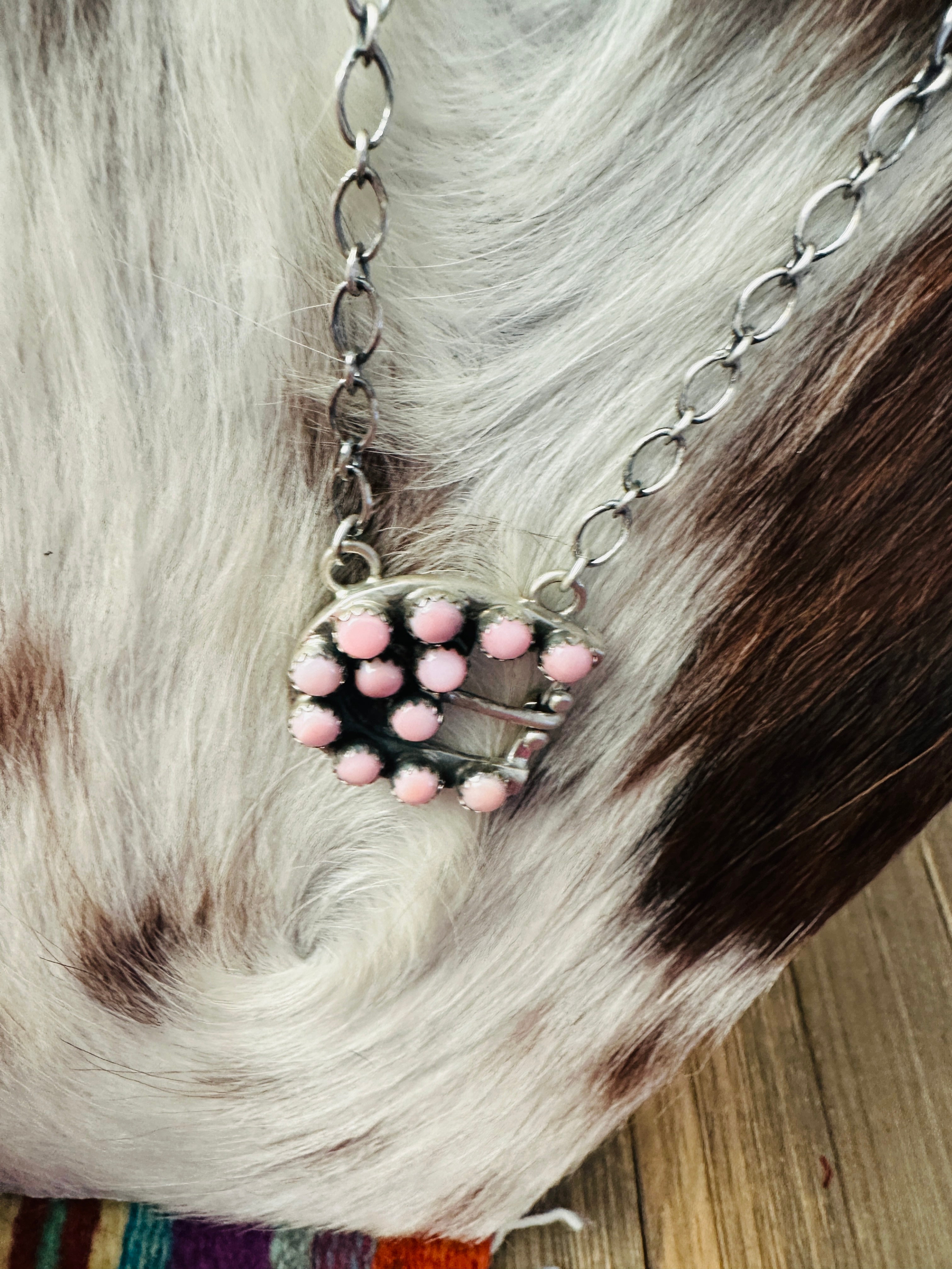 Handcrafted Queen Pink Conch & Sterling Silver Belt Buckle Necklace by Russell Sam