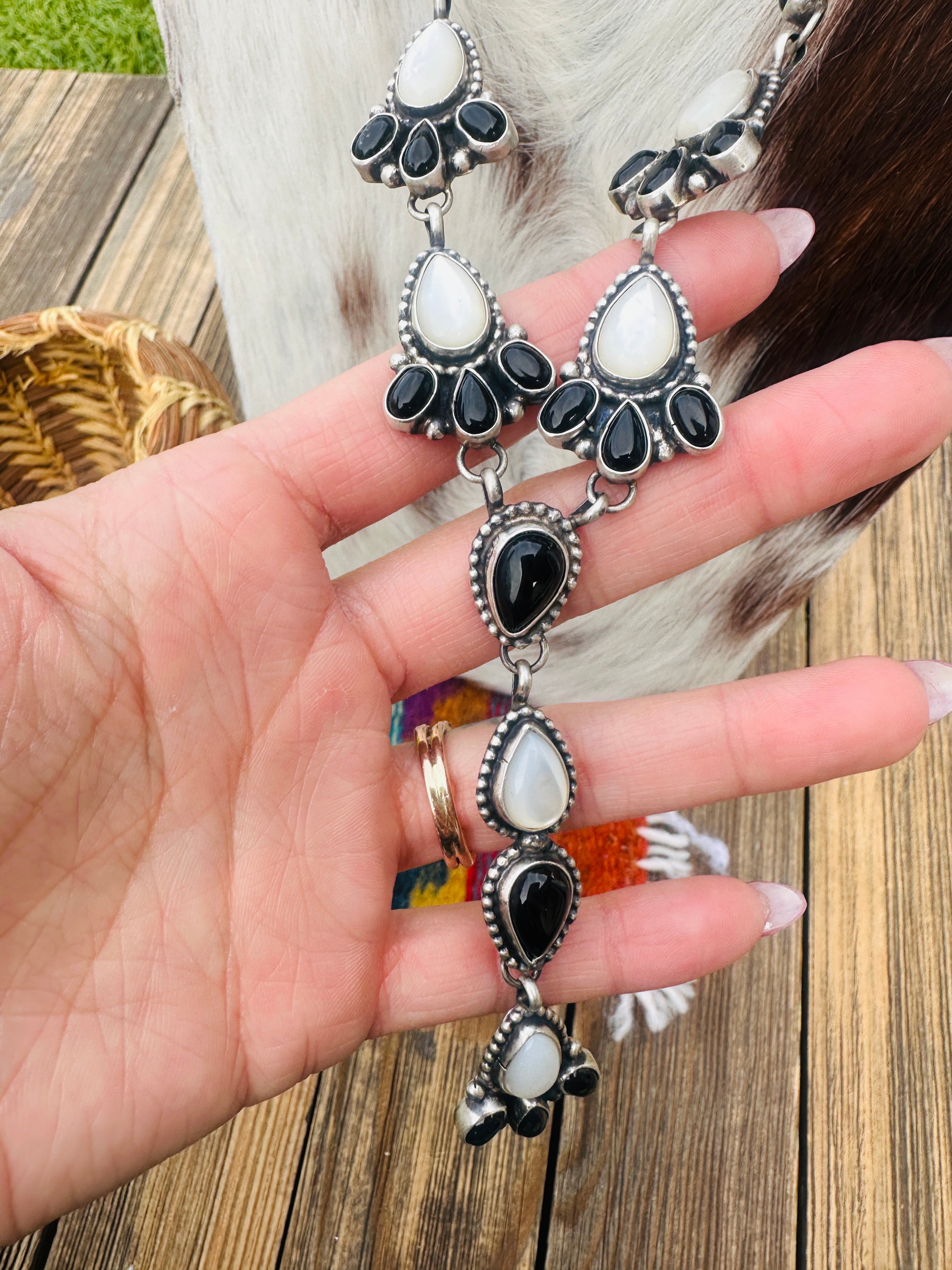 Handcrafted Mother of Pearl, Onyx & Sterling Silver Lariat Necklace by Sheila Becenti