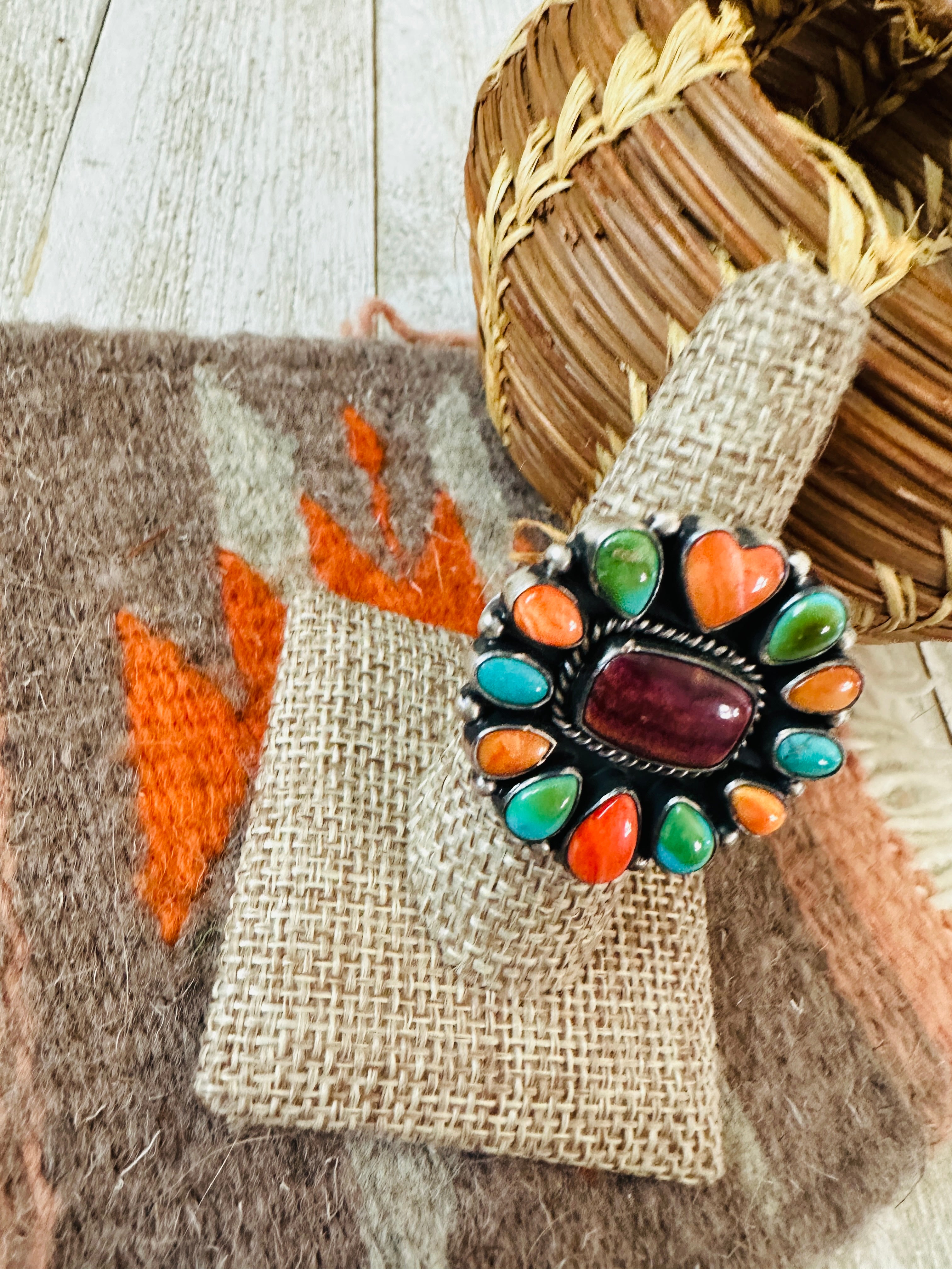 Navajo Electric Rainbow Sterling Silver, Turquoise & Spiny Ring by Bernyse Chavez and Angela Martin, Size 9