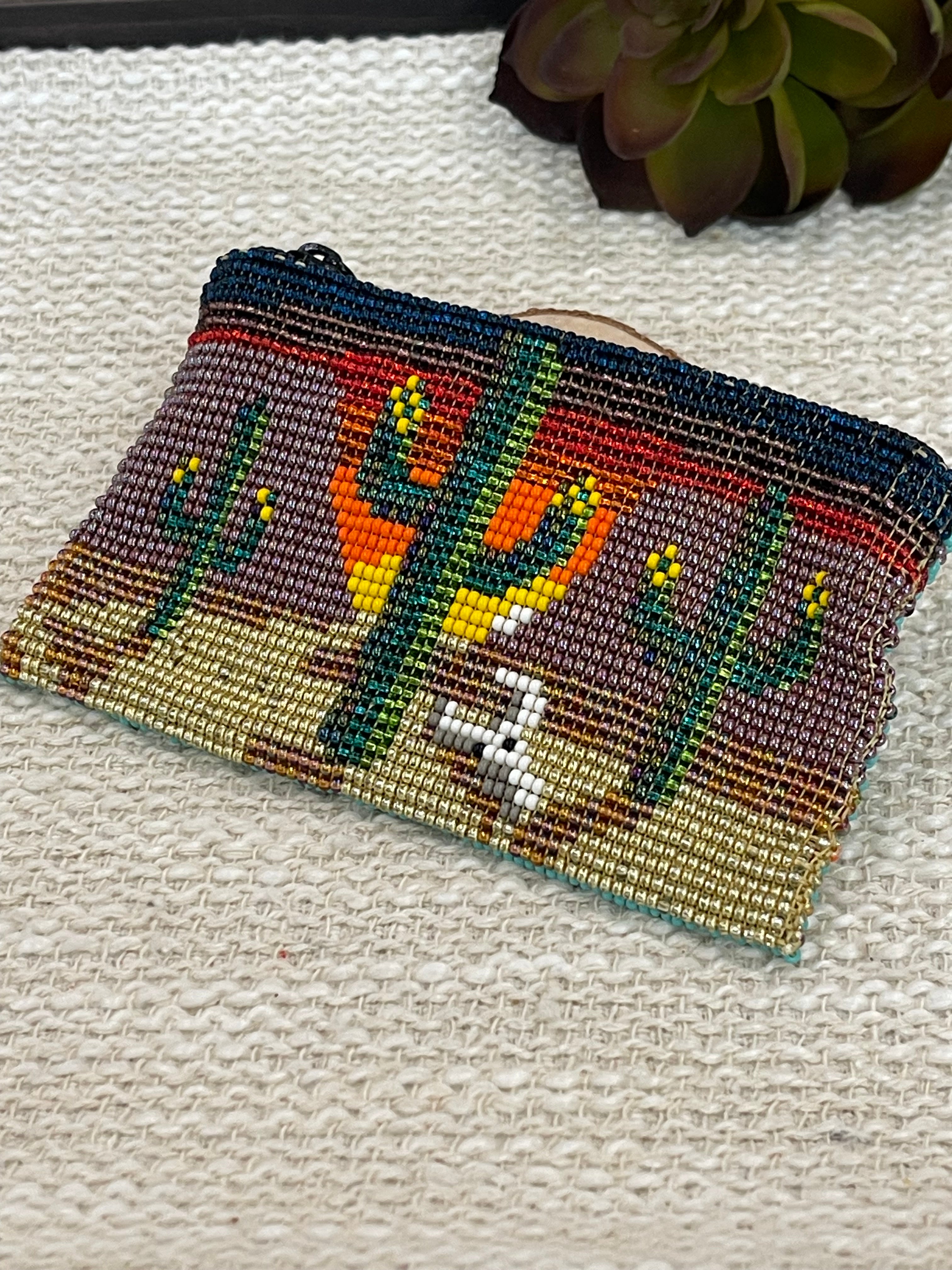 Handmade Beaded Saguaro Desert Coin Purse Dark