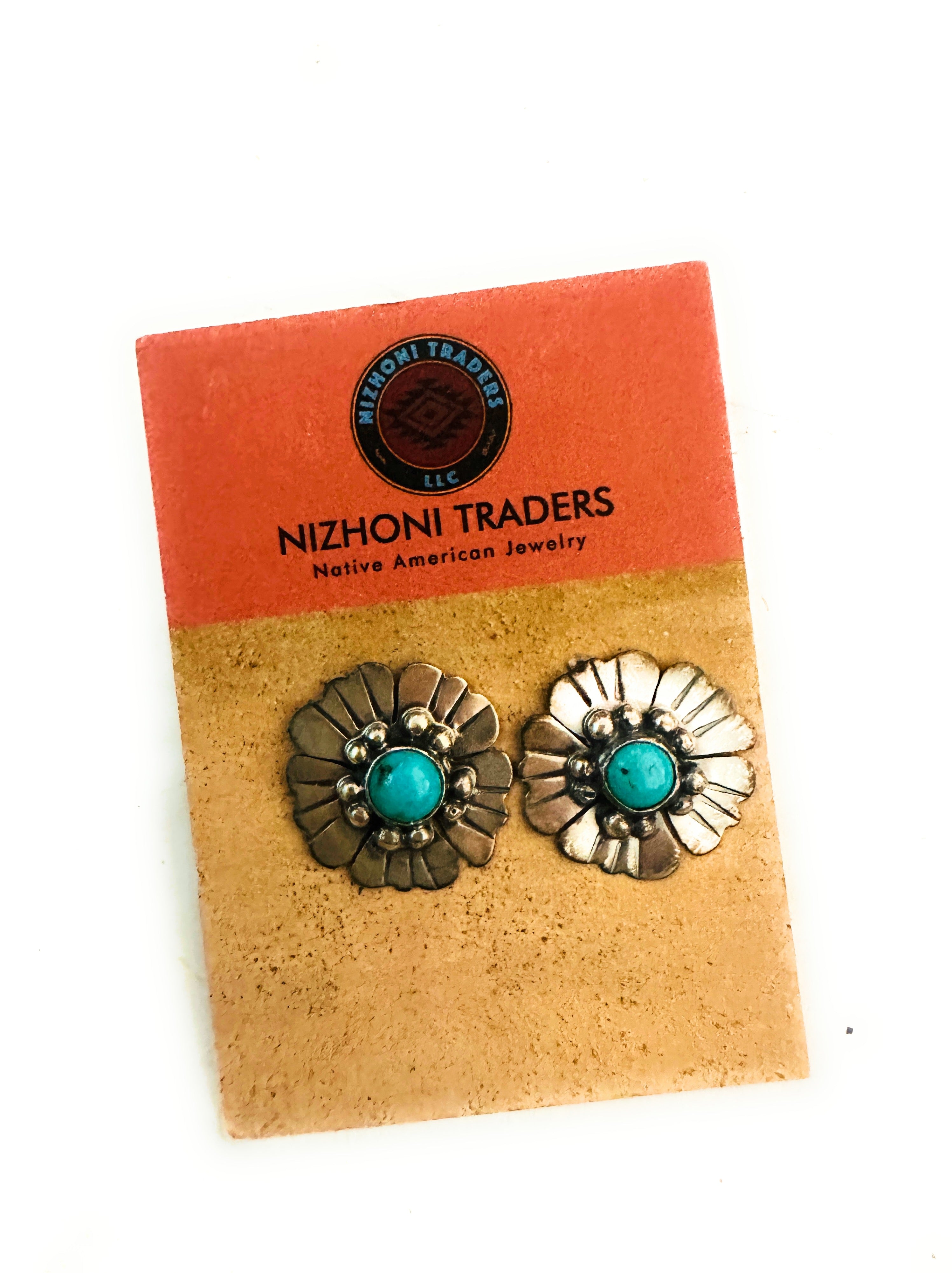 Navajo Turquoise and Sterling Silver Flower Post Earrings