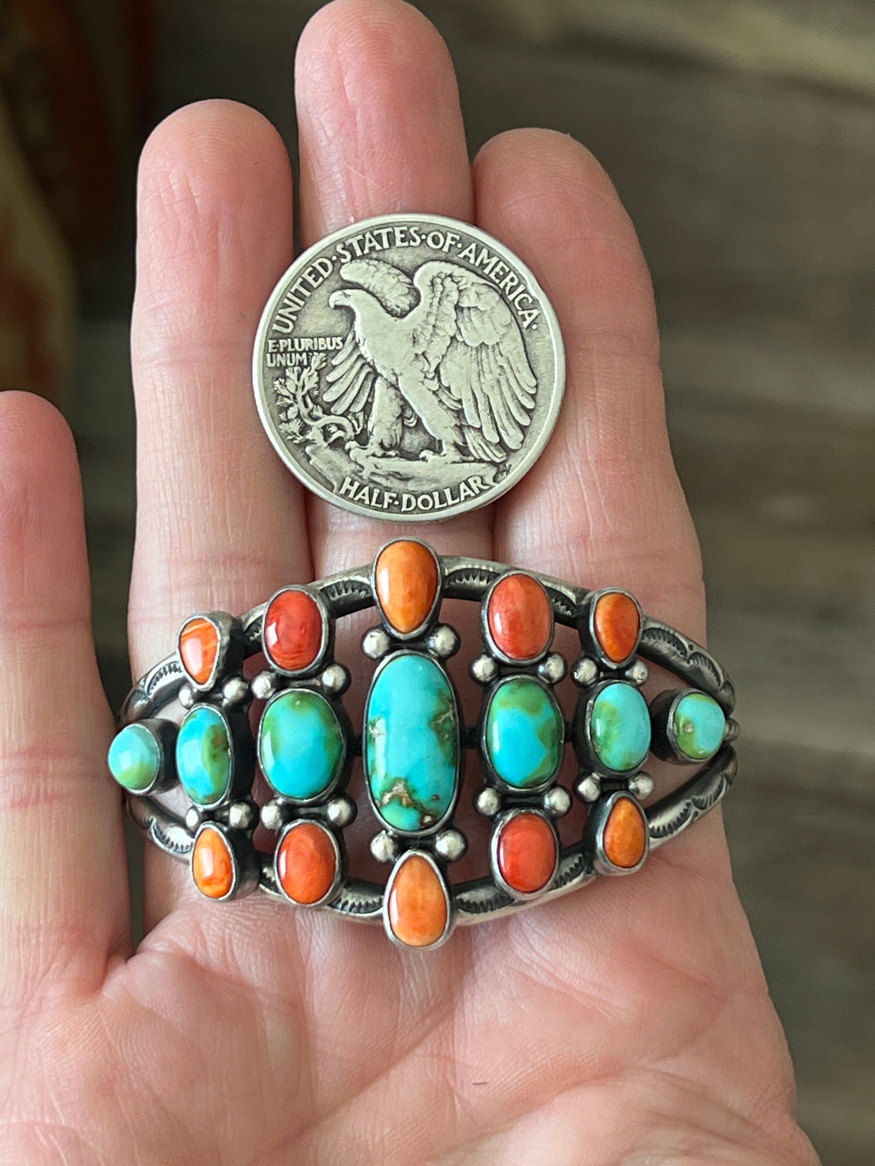 Hand Stamped Sterling Silver, Sonoran Turquoise and Spiny Oyster Shell Cluster Cuff Bracelet by Diane Wylie /