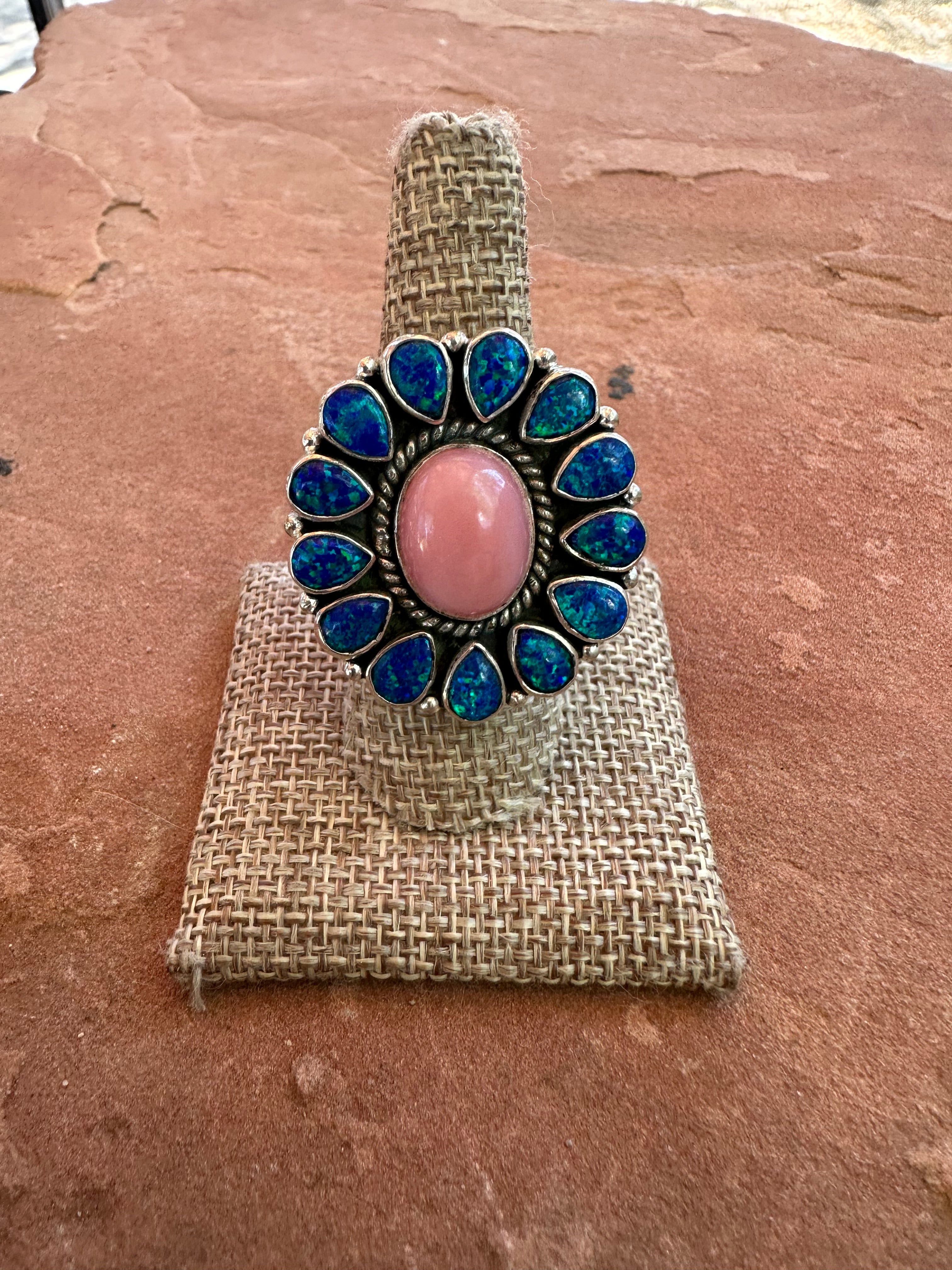 Handmade Pink Conch, Blue Fire Opal & Sterling Silver Adjustable Ring