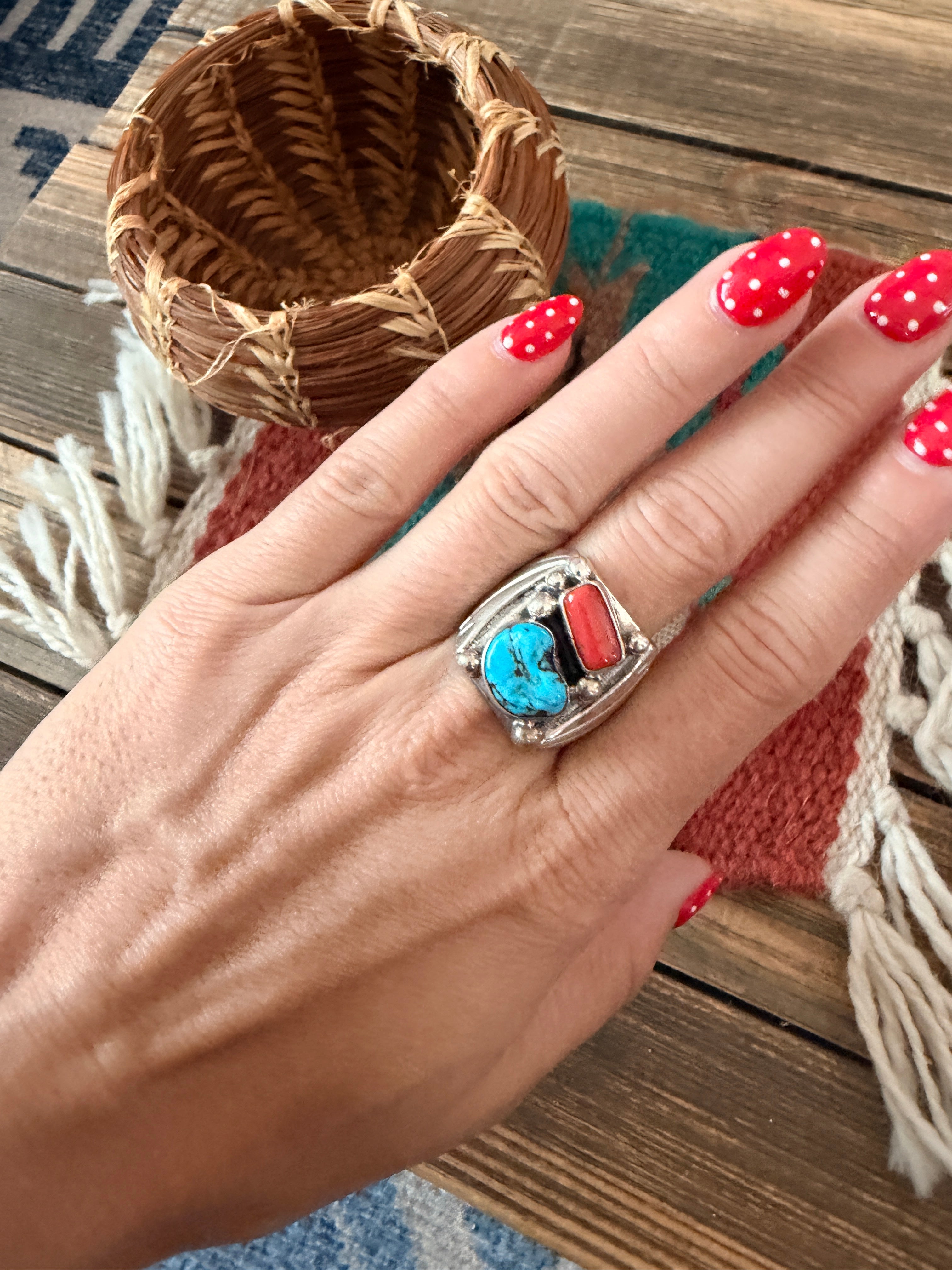 Handcrafted Turquoise, Coral & Sterling Silver Ring