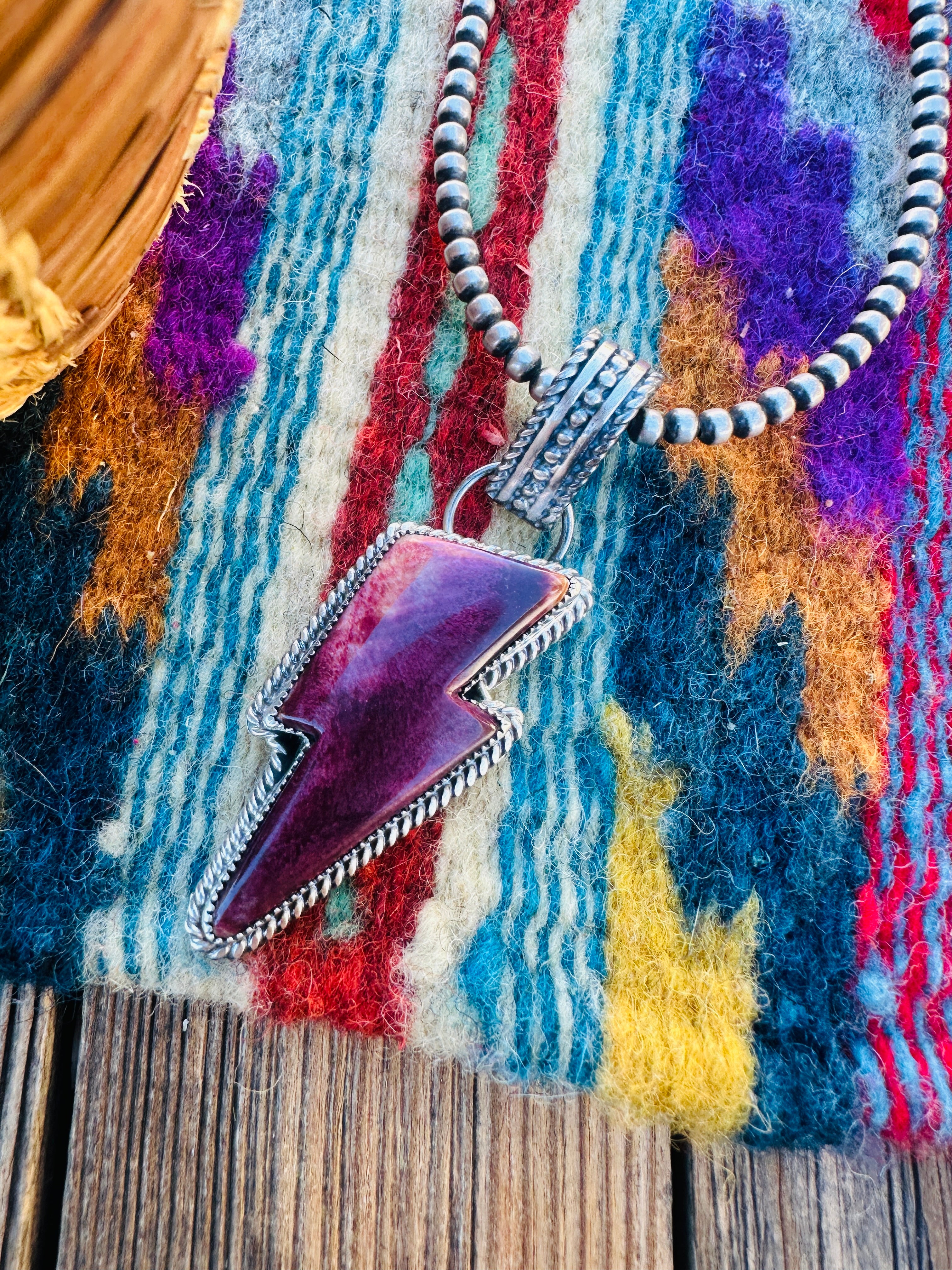 Handcrafted Spiny Oyster & Sterling Silver Lightning Bolt Pendant by Tatum Skeets