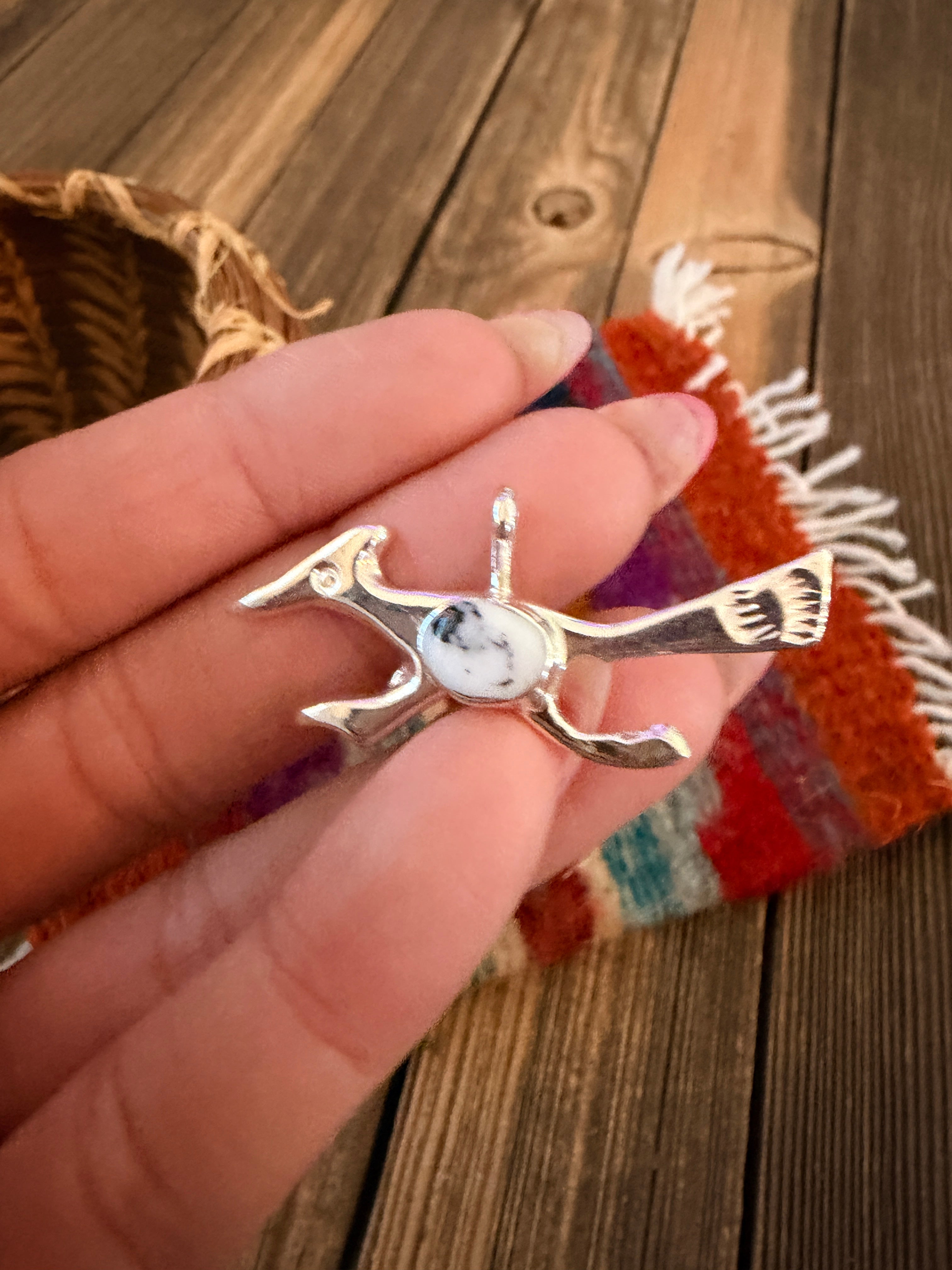 Handcrafted Sterling Silver & White Buffalo Road Runner Pendant by Joseph Martinez