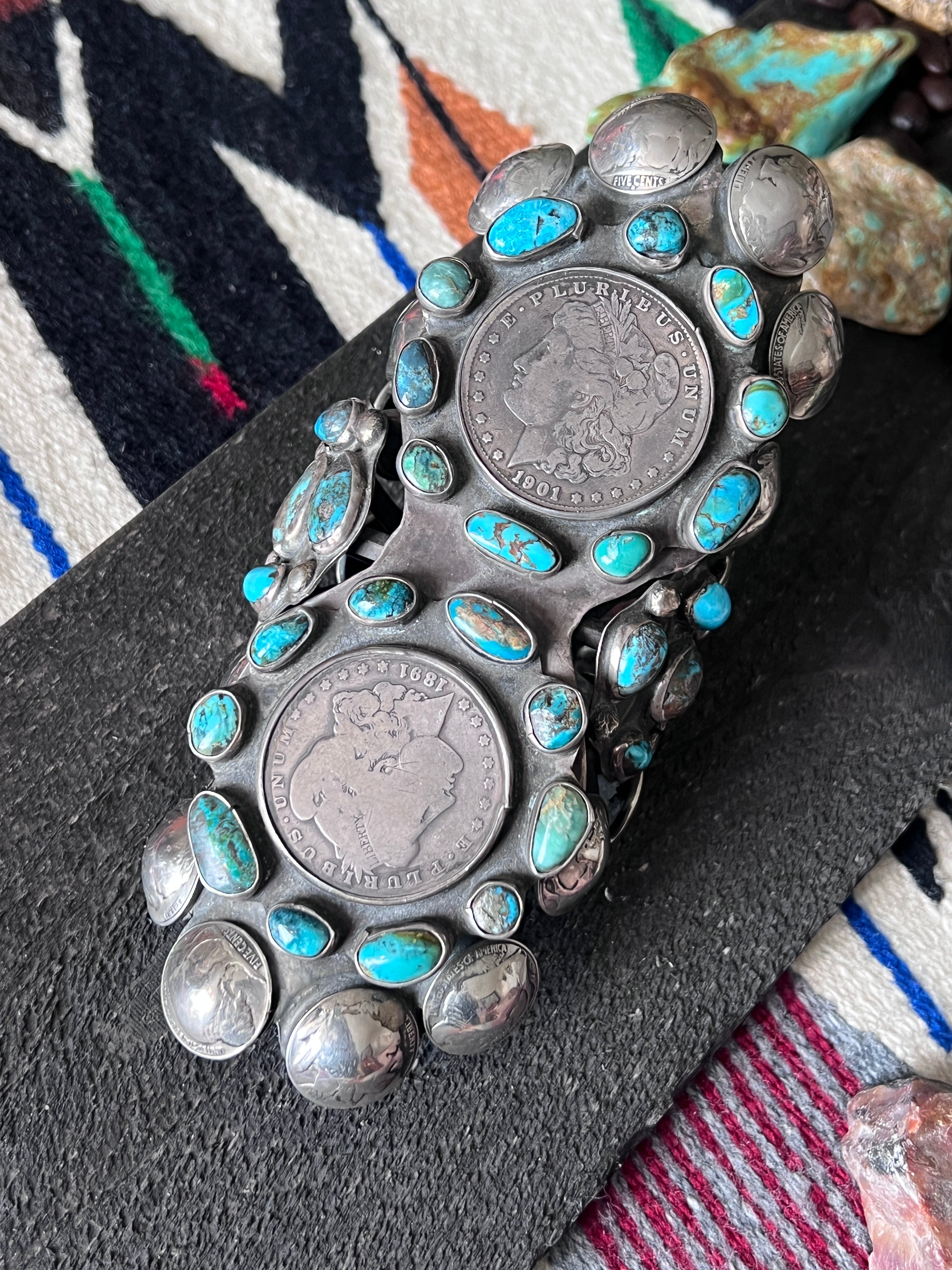 Insane Old Pawn Sterling Silver, Morgan Dollar, Buffalo Nickel and Turquoise Cuff Bracelet