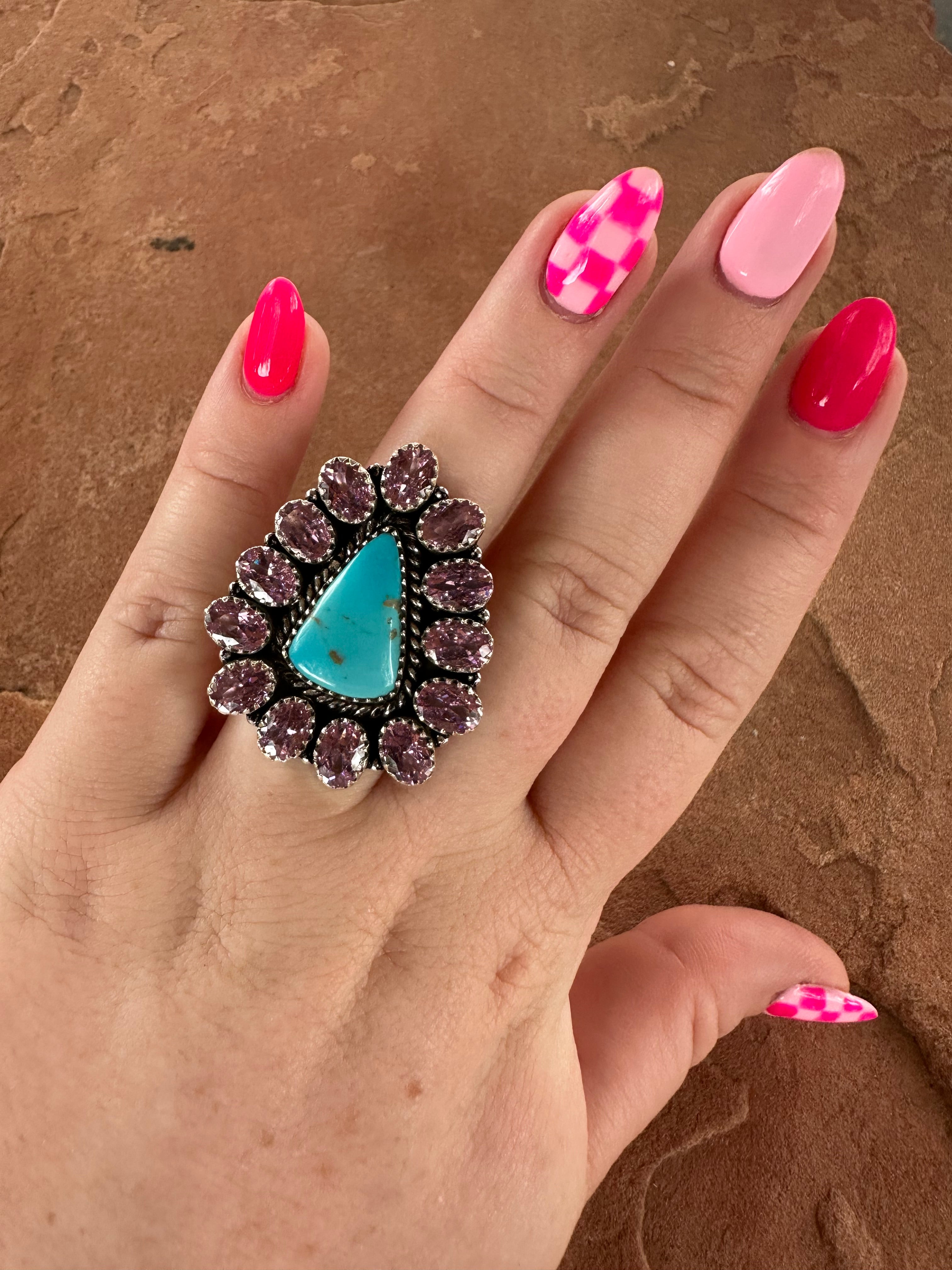 Handmade Turquoise, Pink & Sterling Silver Adjustable Ring