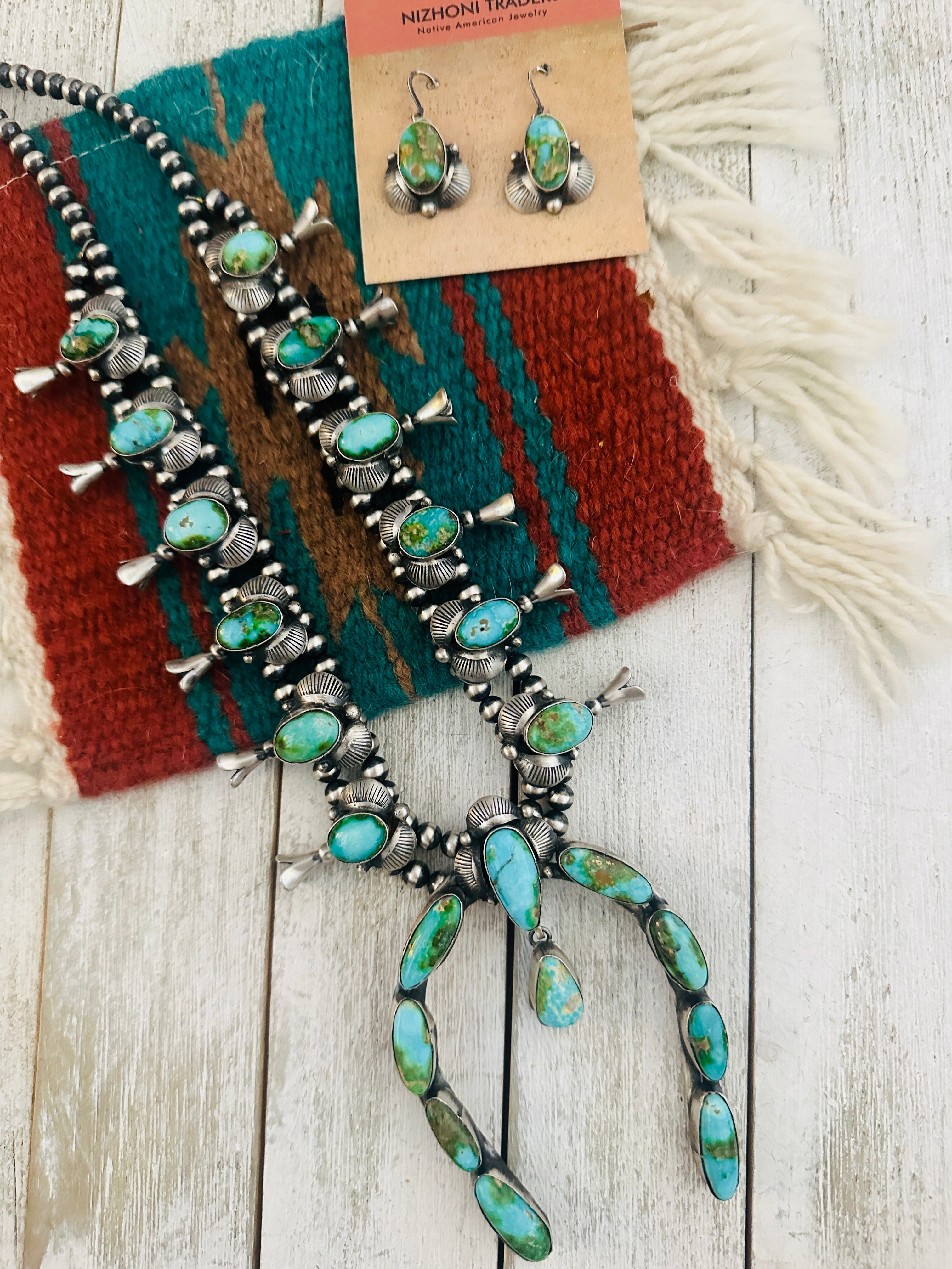 Navajo Sonoran Mountain Turquoise & Sterling Silver Squash Blossom Necklace Set