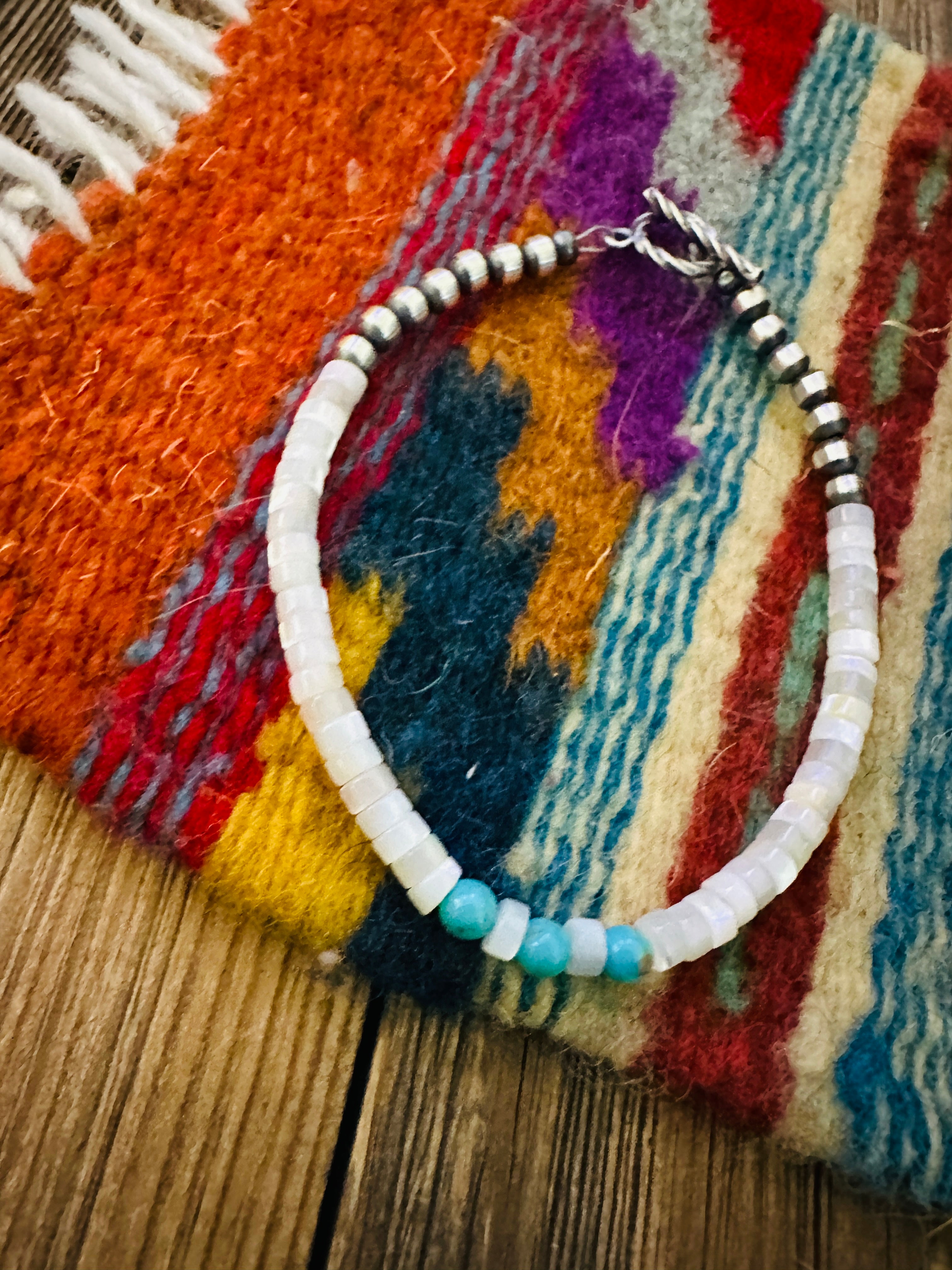 Handcrafted Turquoise, Mother of Pearl & Sterling Silver Pearl Beaded Bracelet