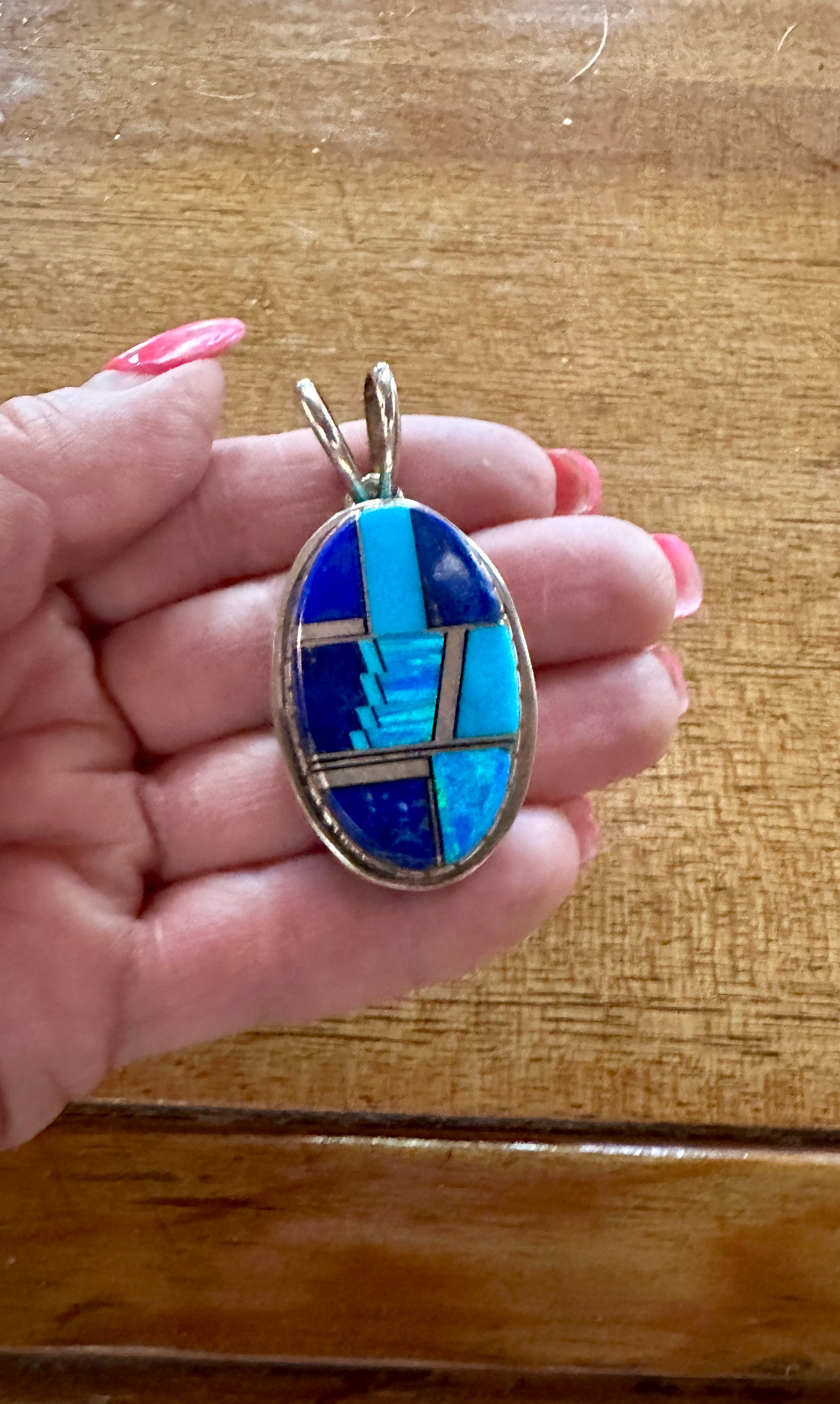 Navajo Lapis, Turquoise, Blue Opal Oval Pendant