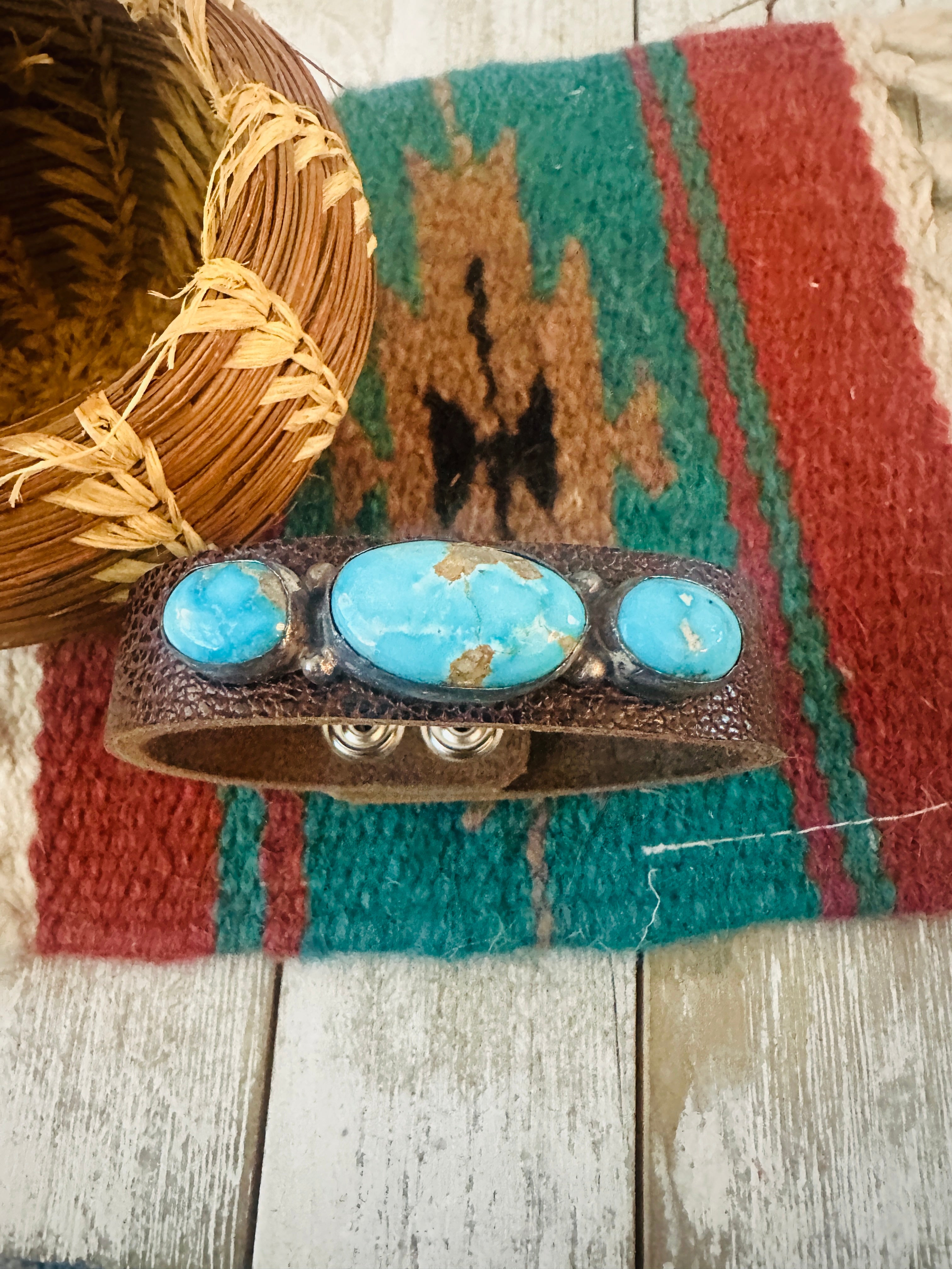 Handcrafted Sonoran Rose Turquoise & Sterling Silver Leather Bracelet