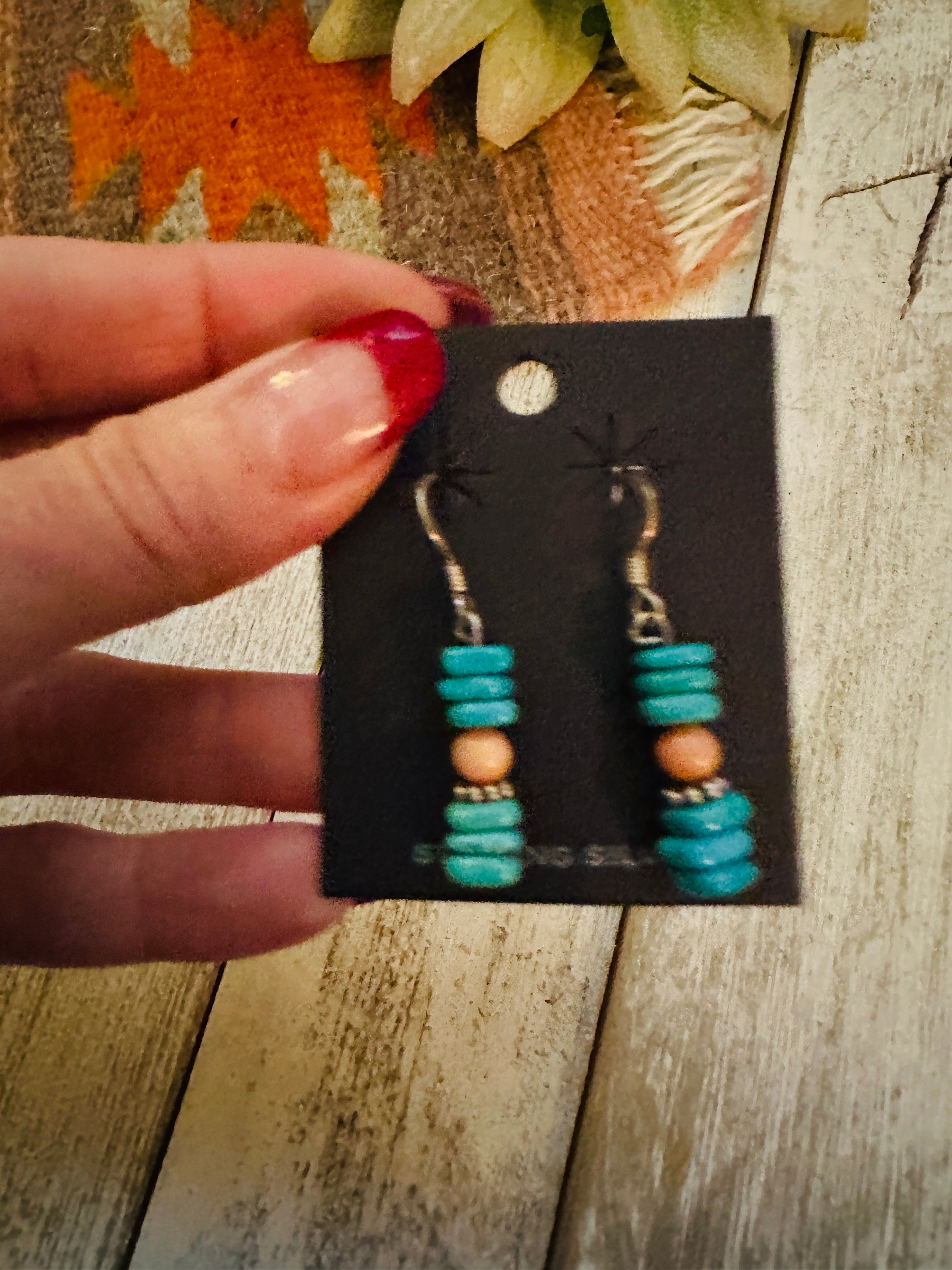 Navajo Turquoise, Spiny & Sterling Silver Beaded Dangle Earrings