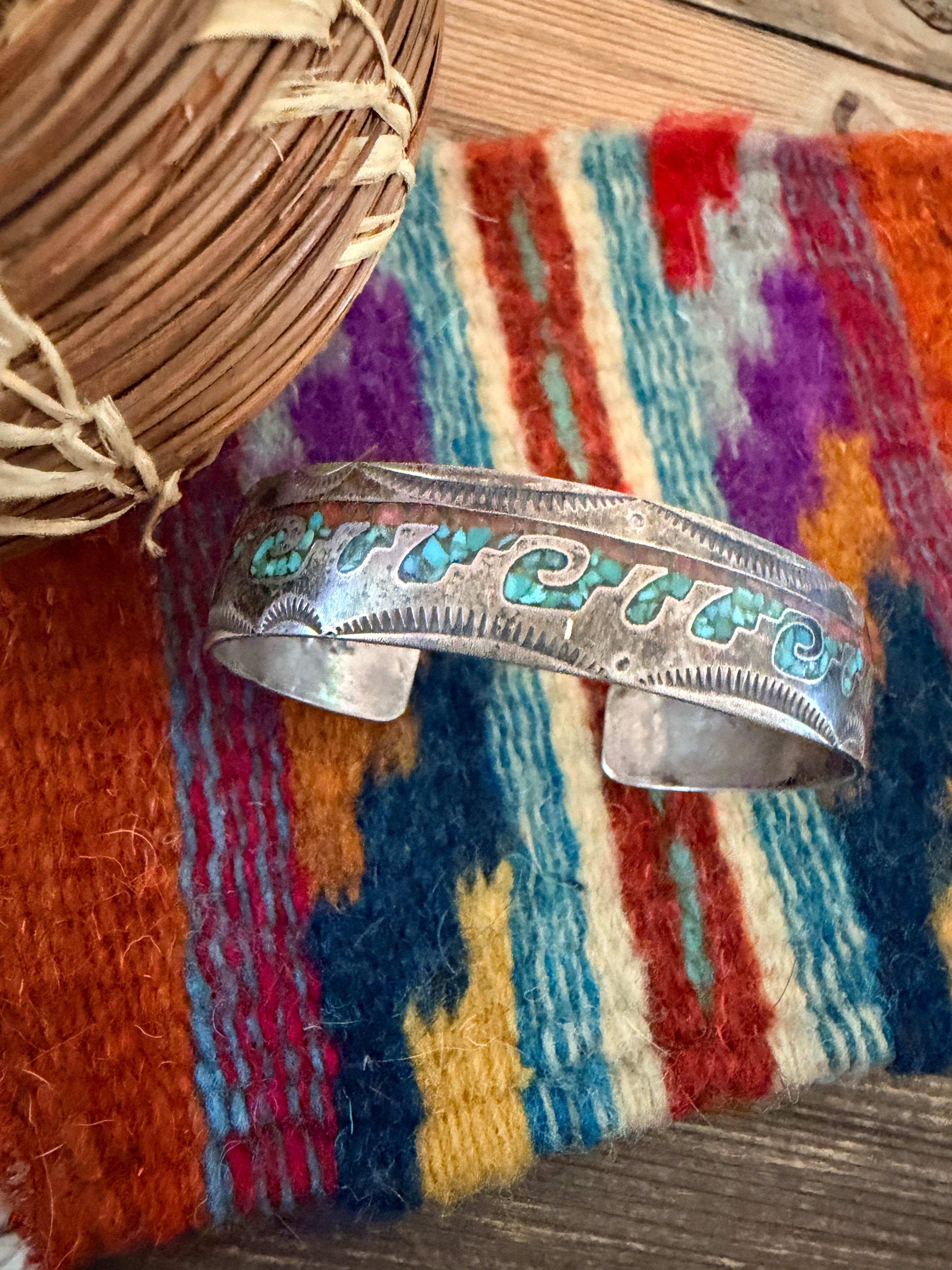 Handcrafted Old Pawn Coral, Turquoise & Sterling Silver Chip Inlay Cuff Bracelet