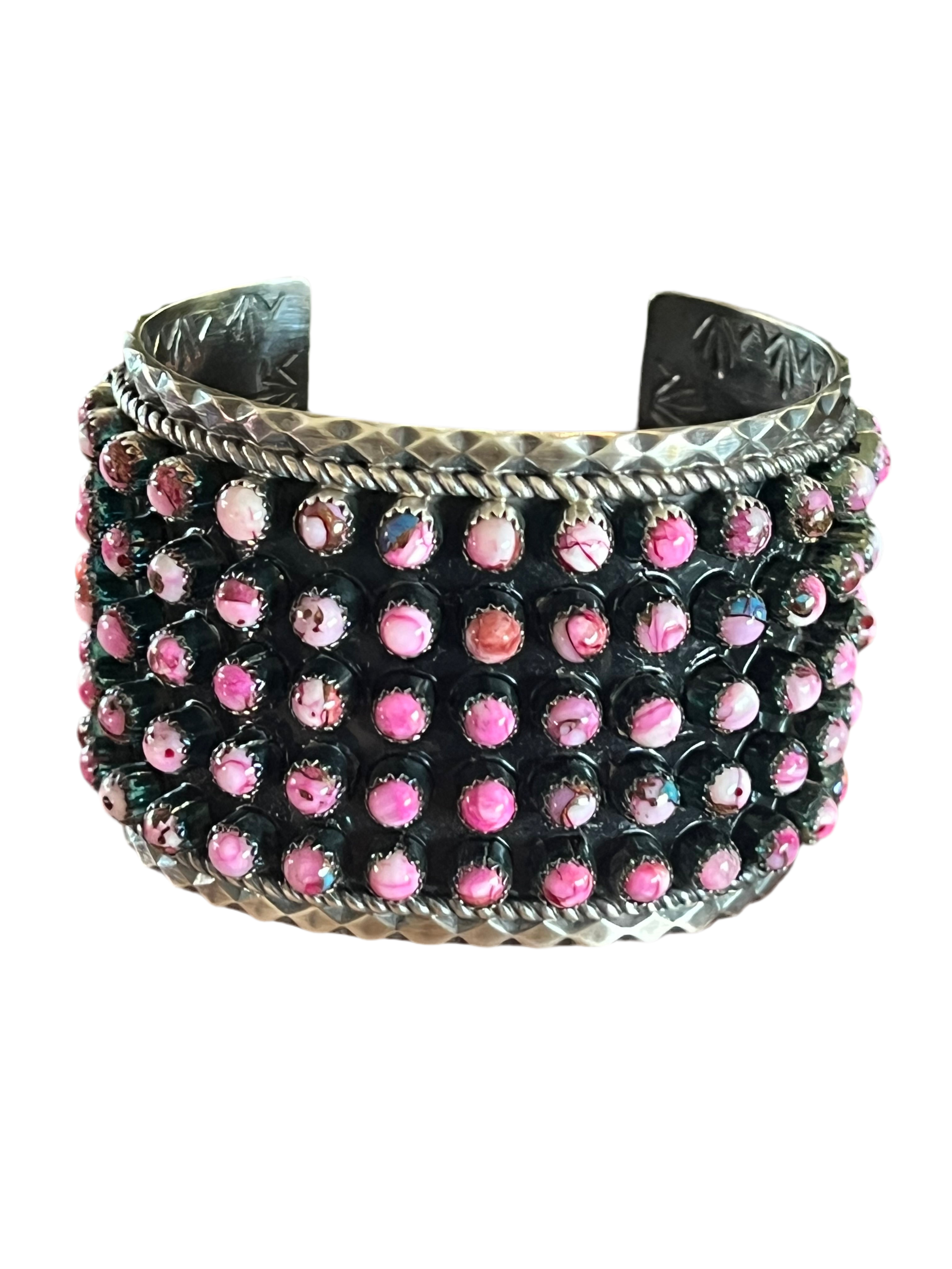 Handcrafted Sterling Silver and Pink Dream Mohave Snake Eye Style Five Row Cuff Bracelet, Signed BJ /