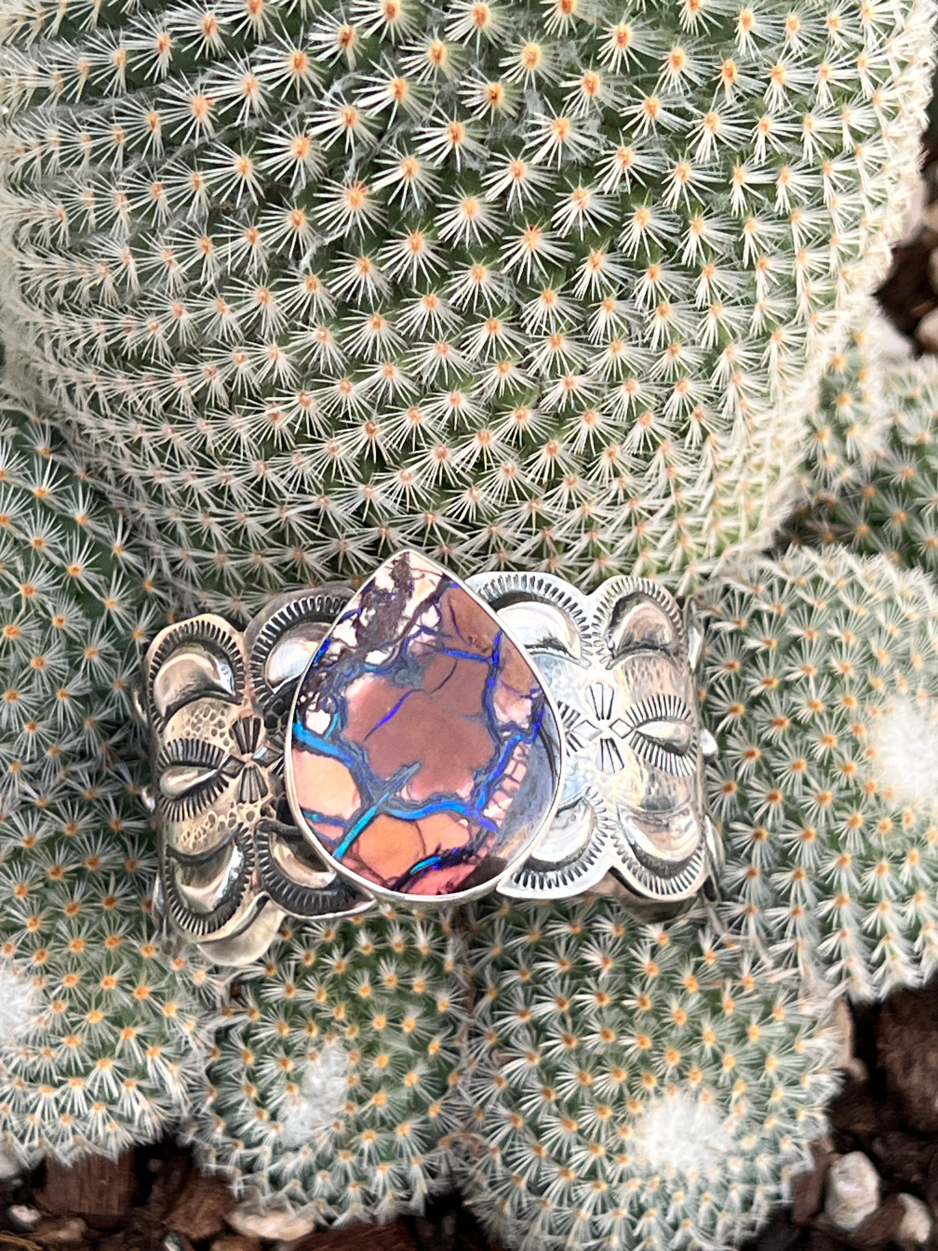 Hand Forged Artisan Sterling Silver & Boulder Opal Cuff Bracelet by Mahkato Silver