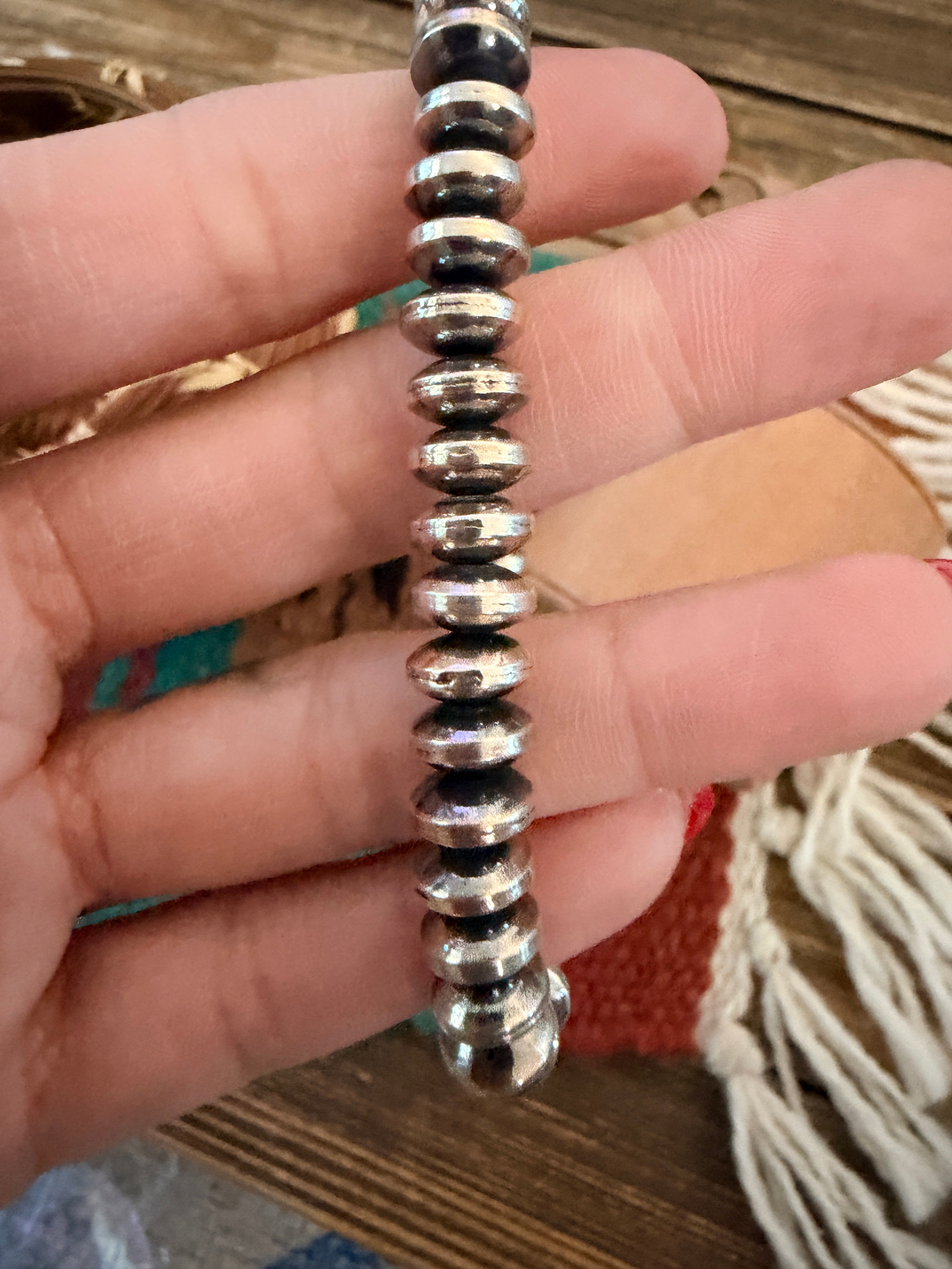 Handcrafted 8mm Sterling Silver Saucer Bead Stretch Bracelet