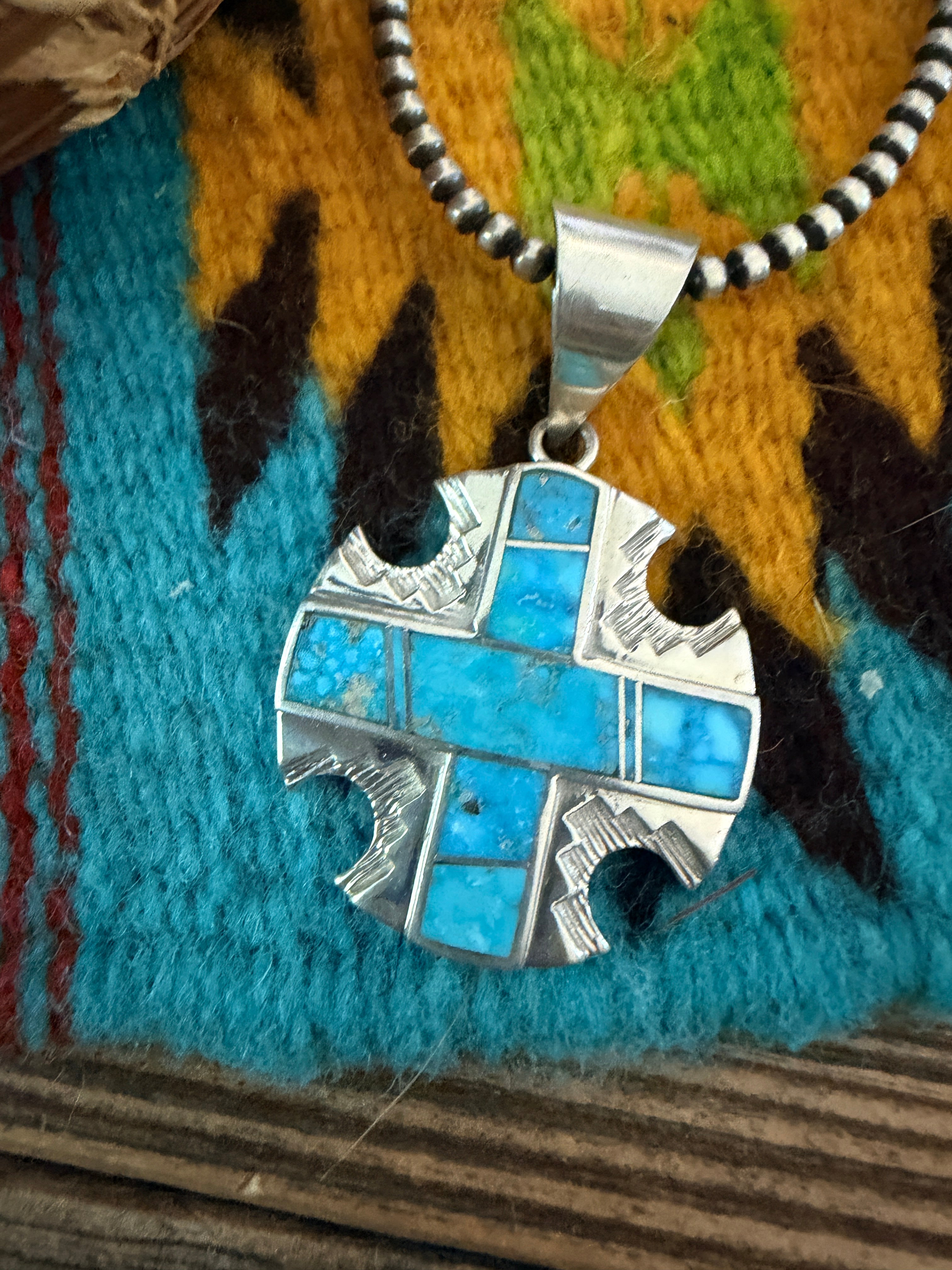 Old Pawn Handcrafted Turquoise and Sterling Silver Cross Pendant