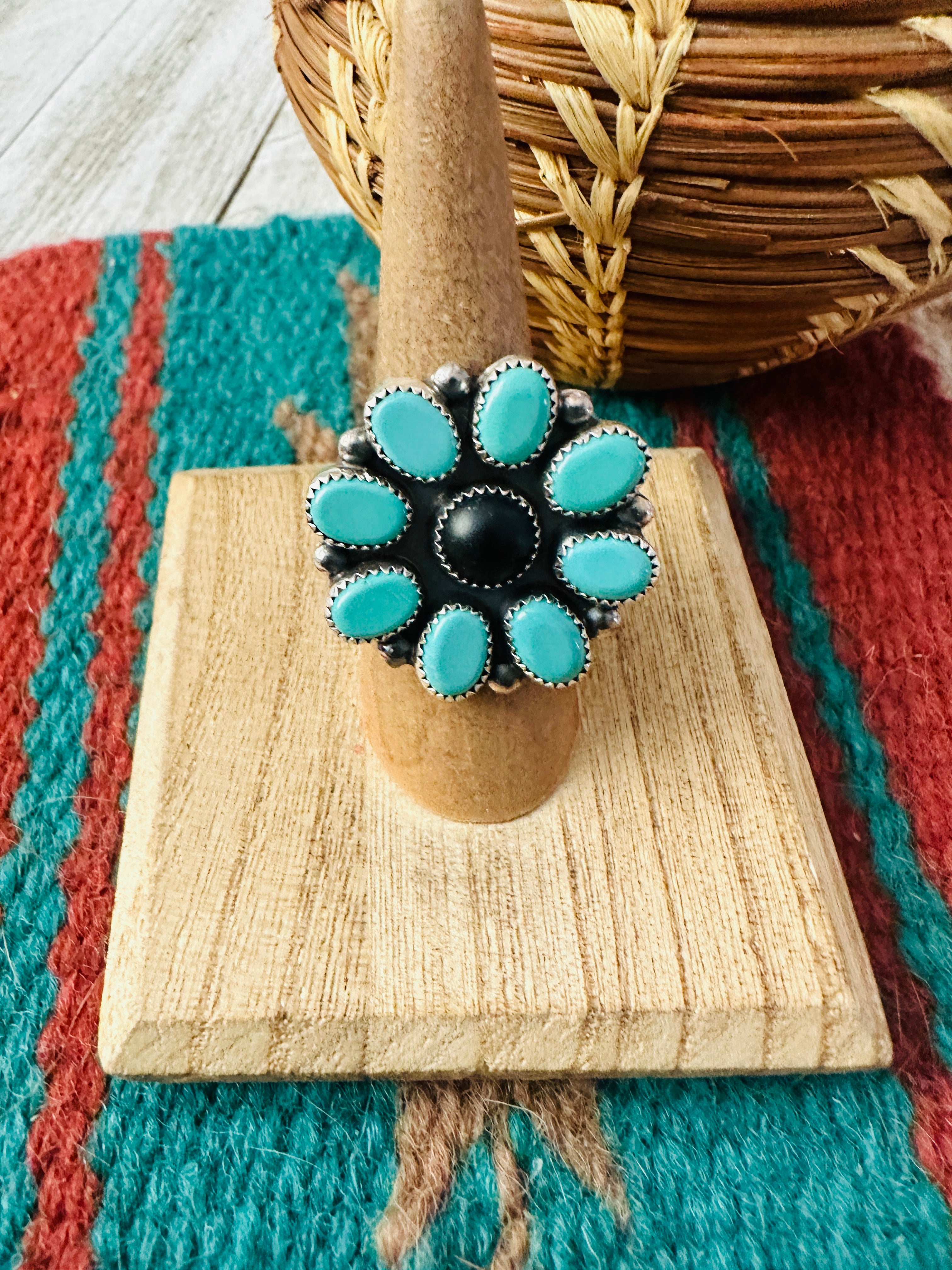 Navajo Sterling Silver, Turquoise & Onyx Cluster Ring Size 8