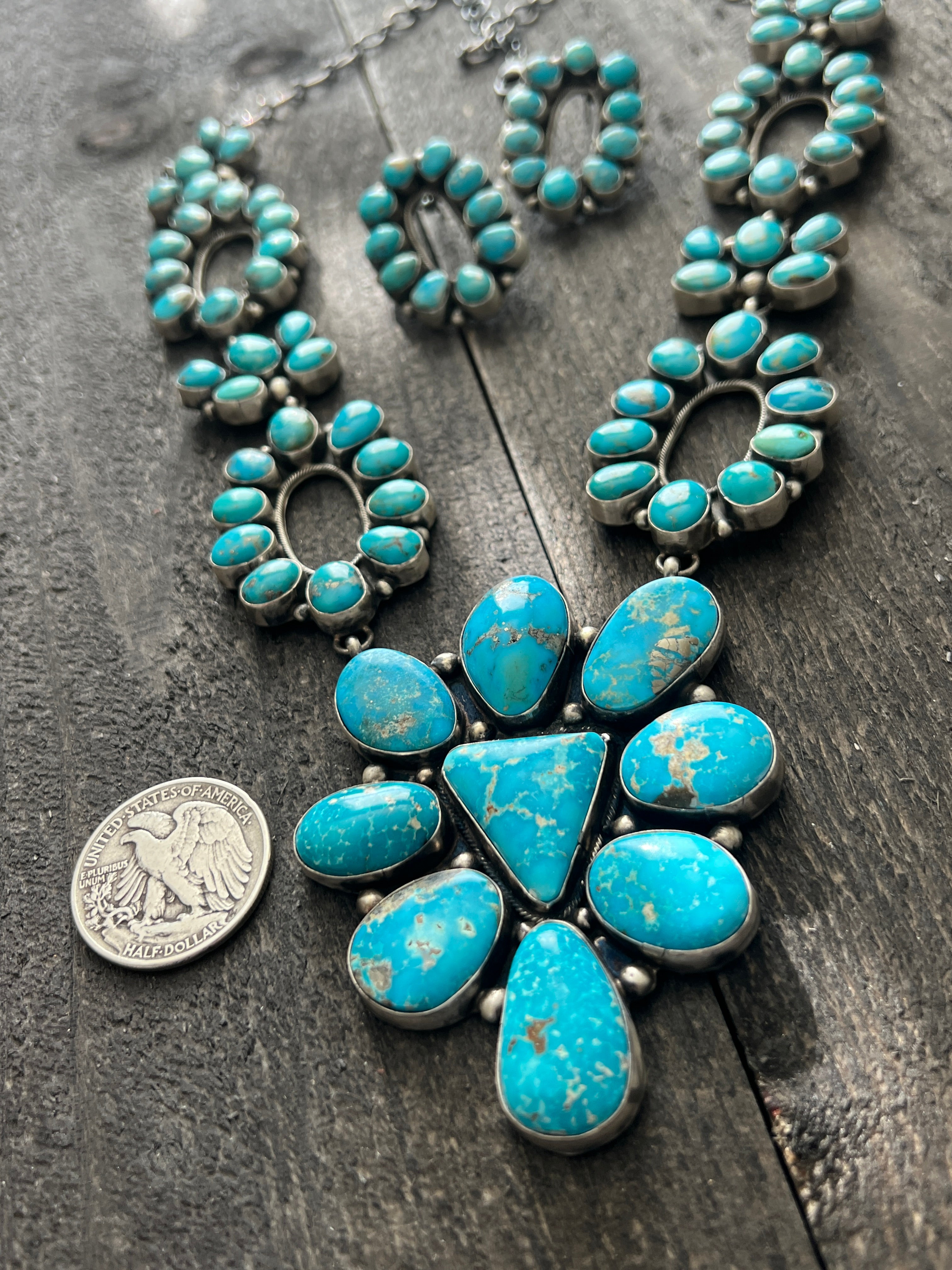 Handcrafted Sterling Silver and Whitewater Campitos Turquoise Cluster Necklace and Earring Set by Sheila Becenti