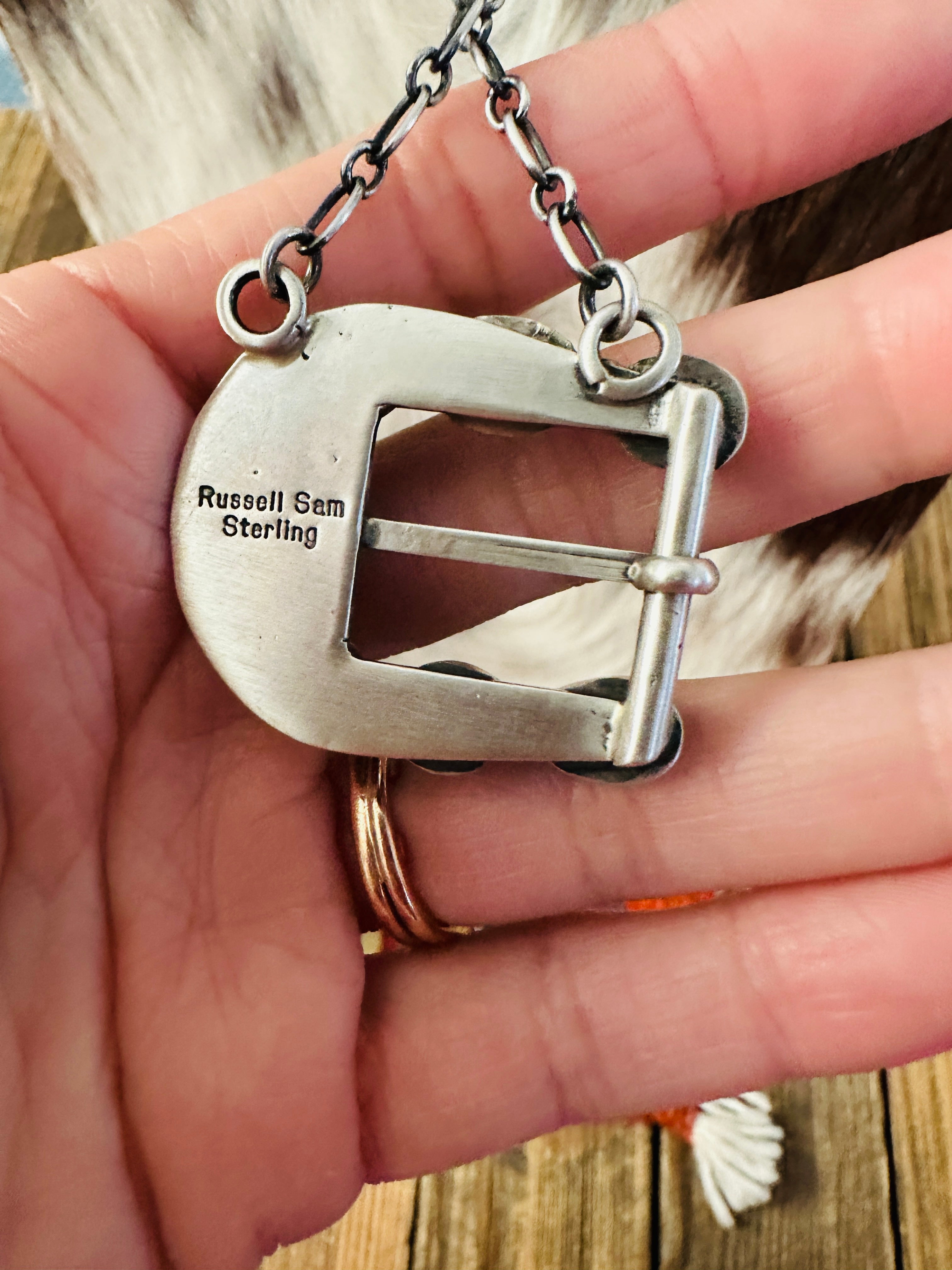 Handcrafted Sonoran Mountain Turquoise & Sterling Silver Belt Buckle Necklace by Russell Sam