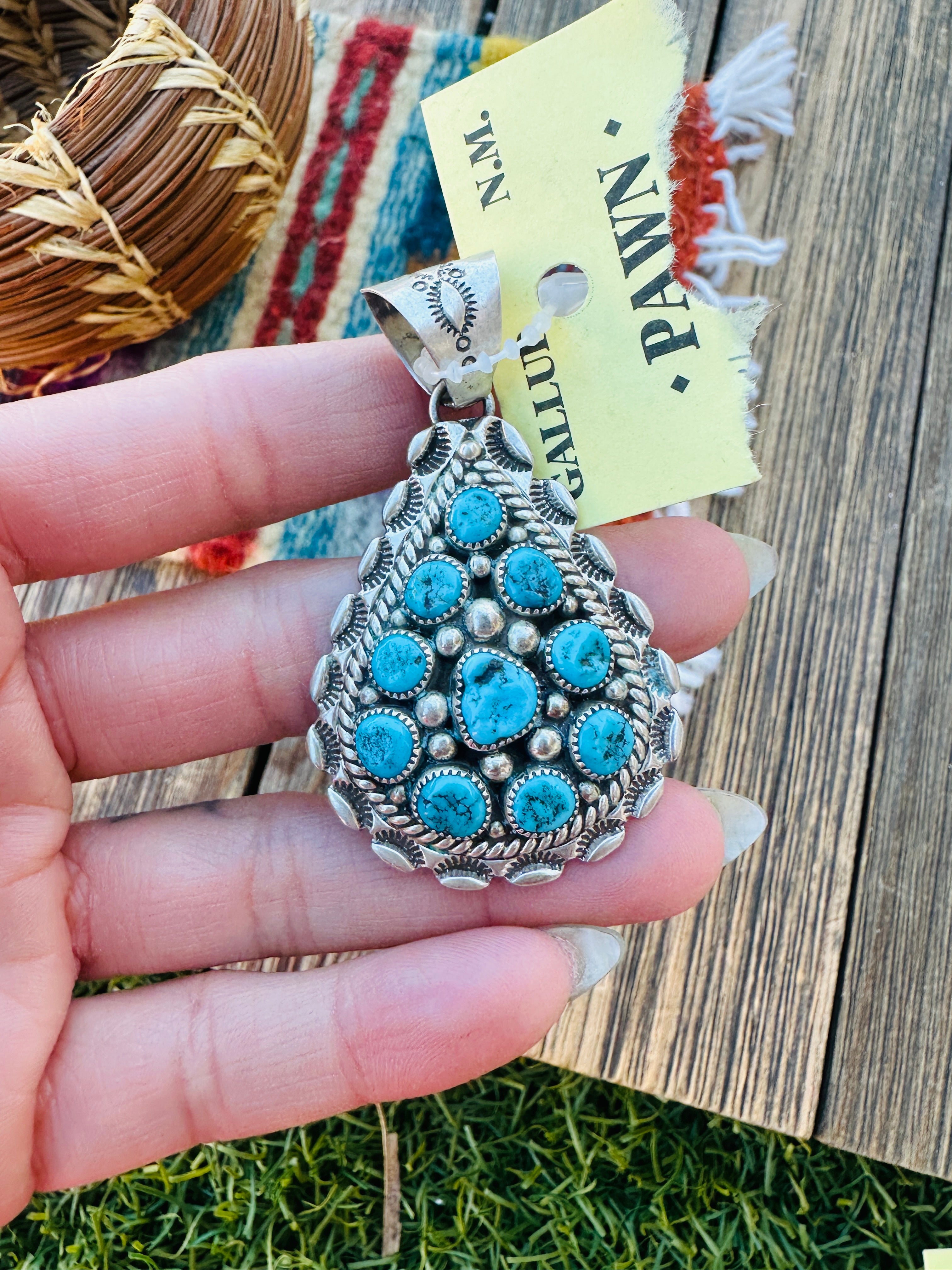 Old Pawn Handcrafted Turquoise and Sterling Silver Cluster Pendant