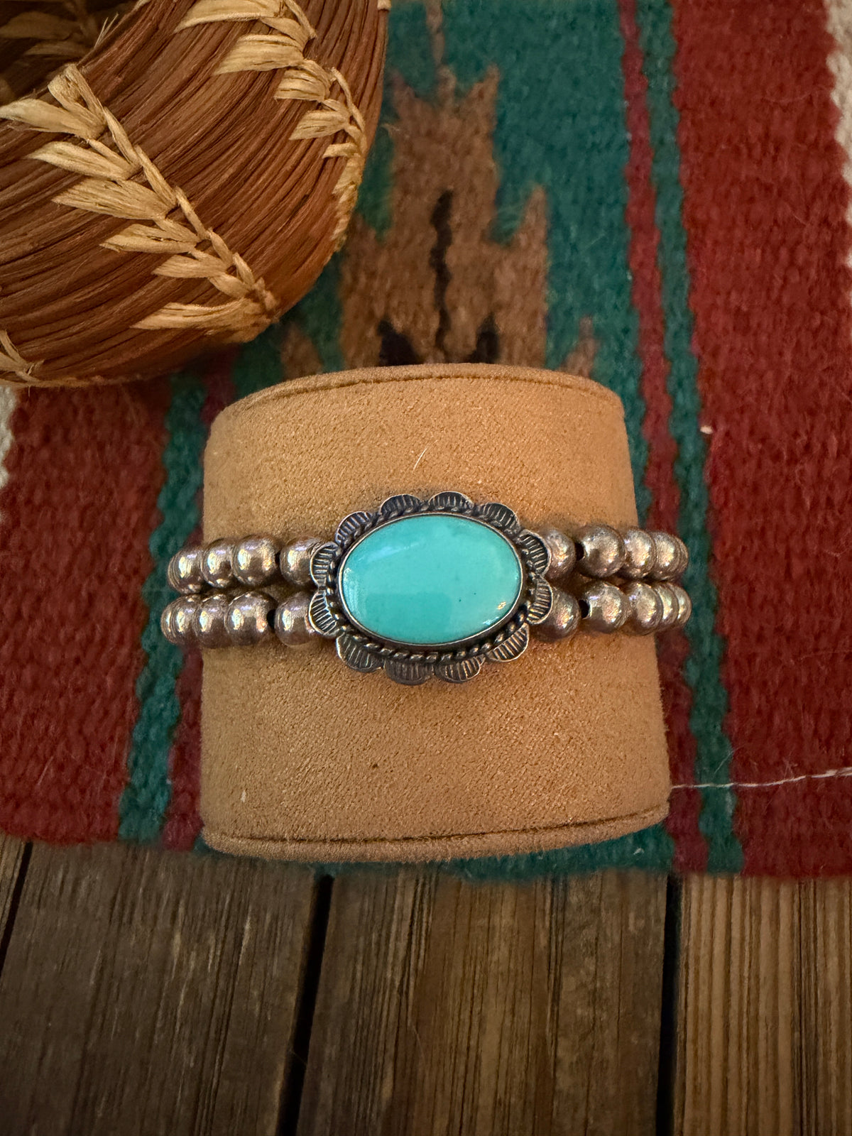 Handcrafted Old Pawn Sterling Silver Pearl & Turquoise Beaded Cuff Bracelet