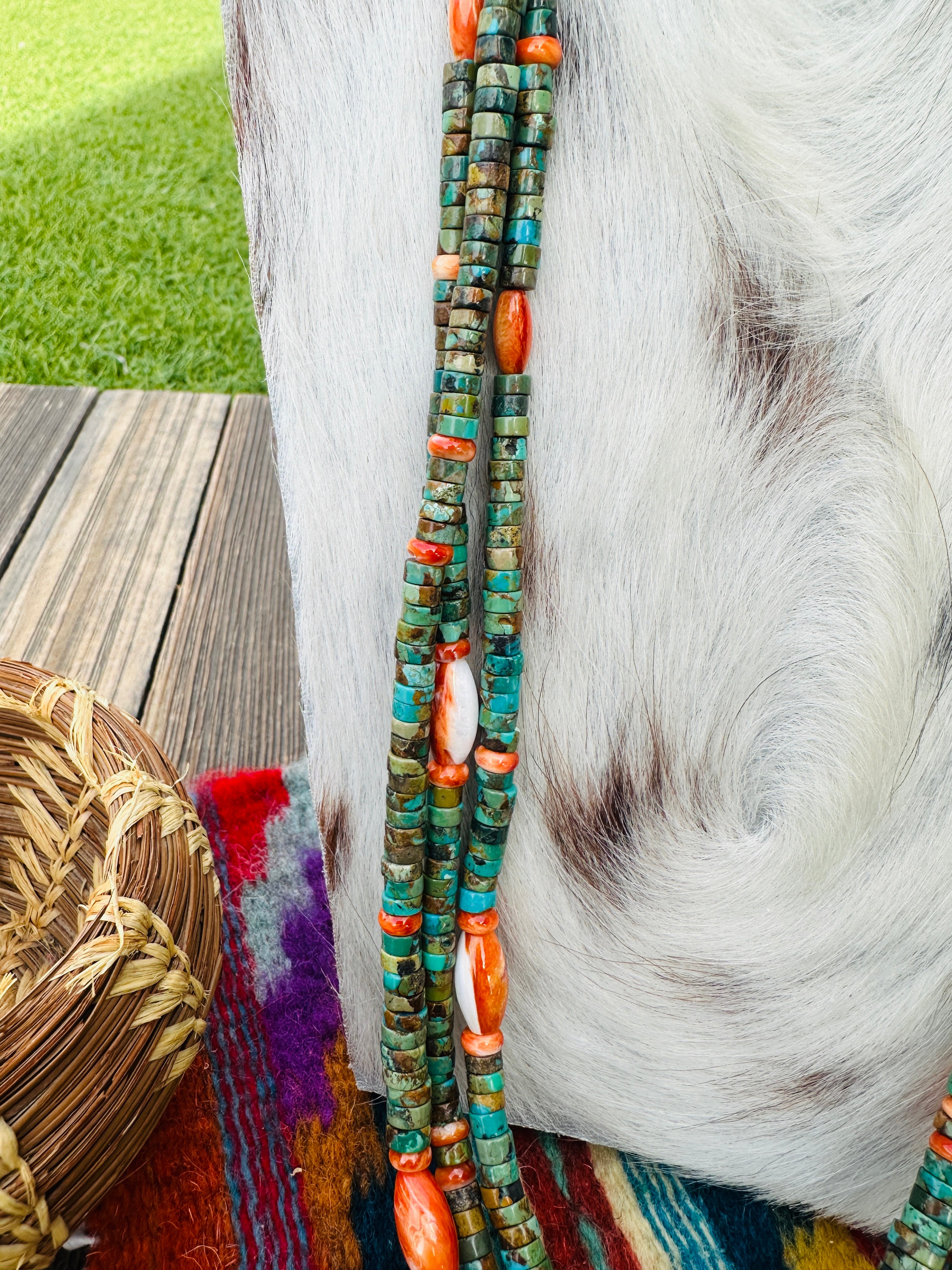 Handcrafted Turquoise, Spiny & Heishi Triple Strand Beaded Necklace