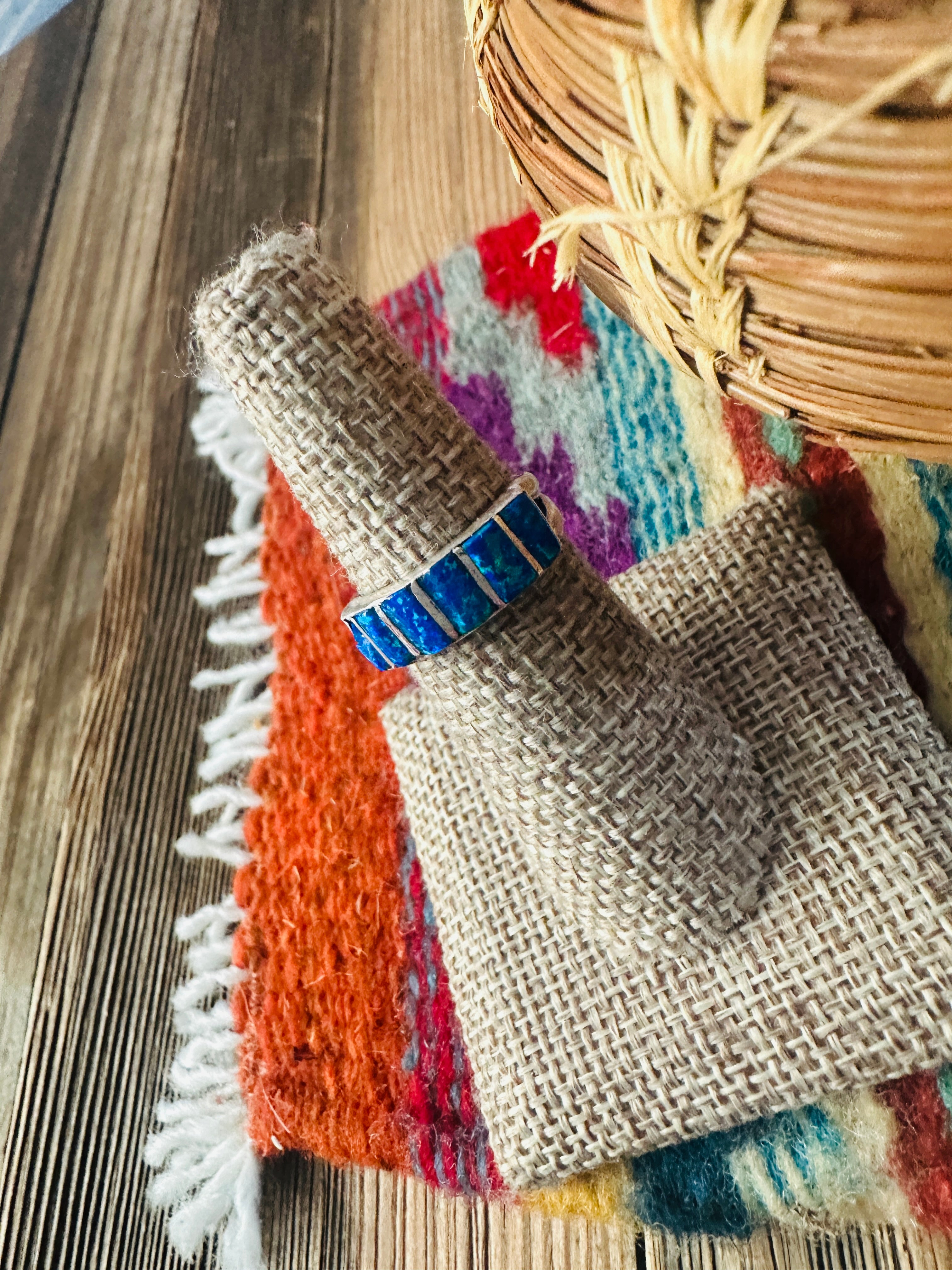 Handcrafted Sterling Silver & Blue Opal Inlay Ring Size 6.5